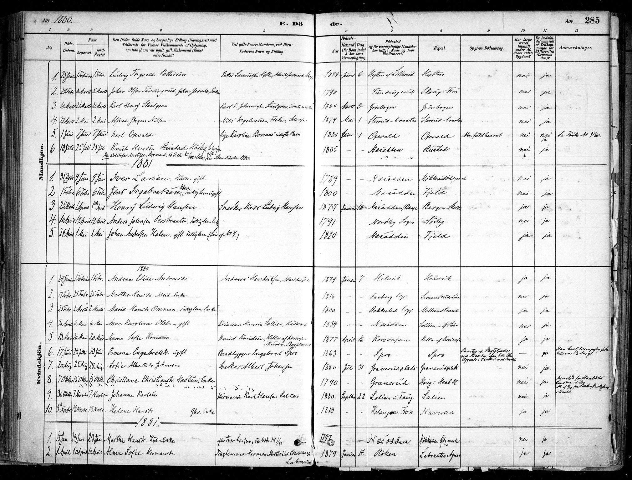 Nesodden prestekontor Kirkebøker, AV/SAO-A-10013/F/Fa/L0009: Parish register (official) no. I 9, 1880-1915, p. 285