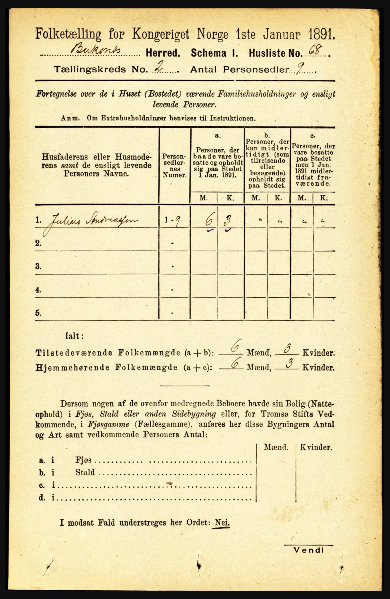 RA, 1891 census for 1860 Buksnes, 1891, p. 1588