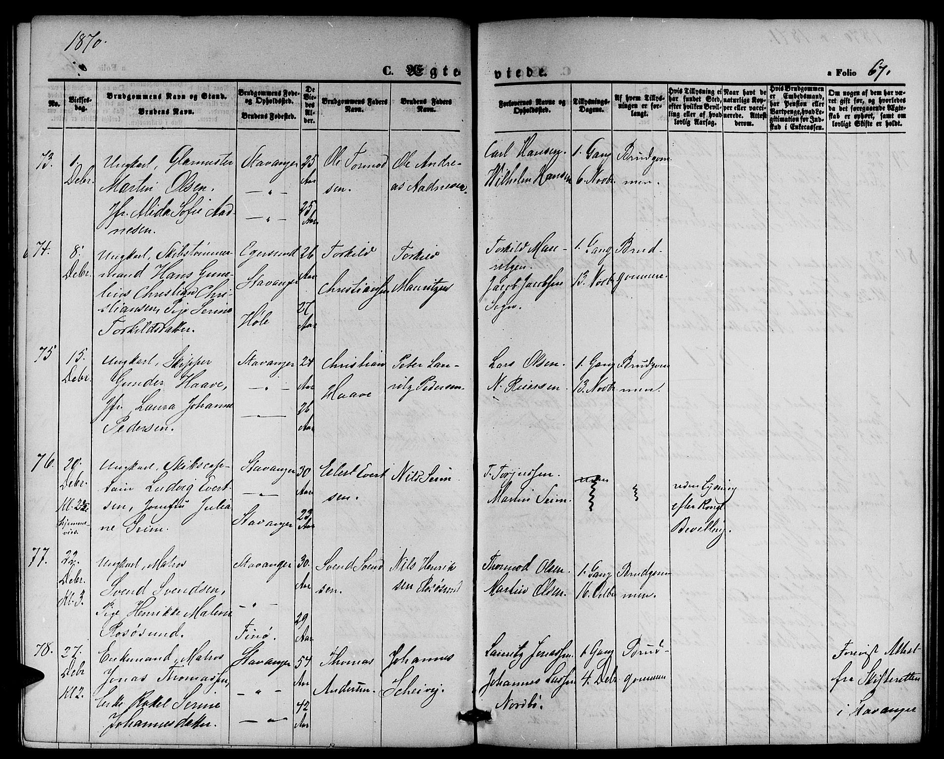 St. Petri sokneprestkontor, AV/SAST-A-101813/001/30/30BB/L0002: Parish register (copy) no. B 2, 1865-1885, p. 67