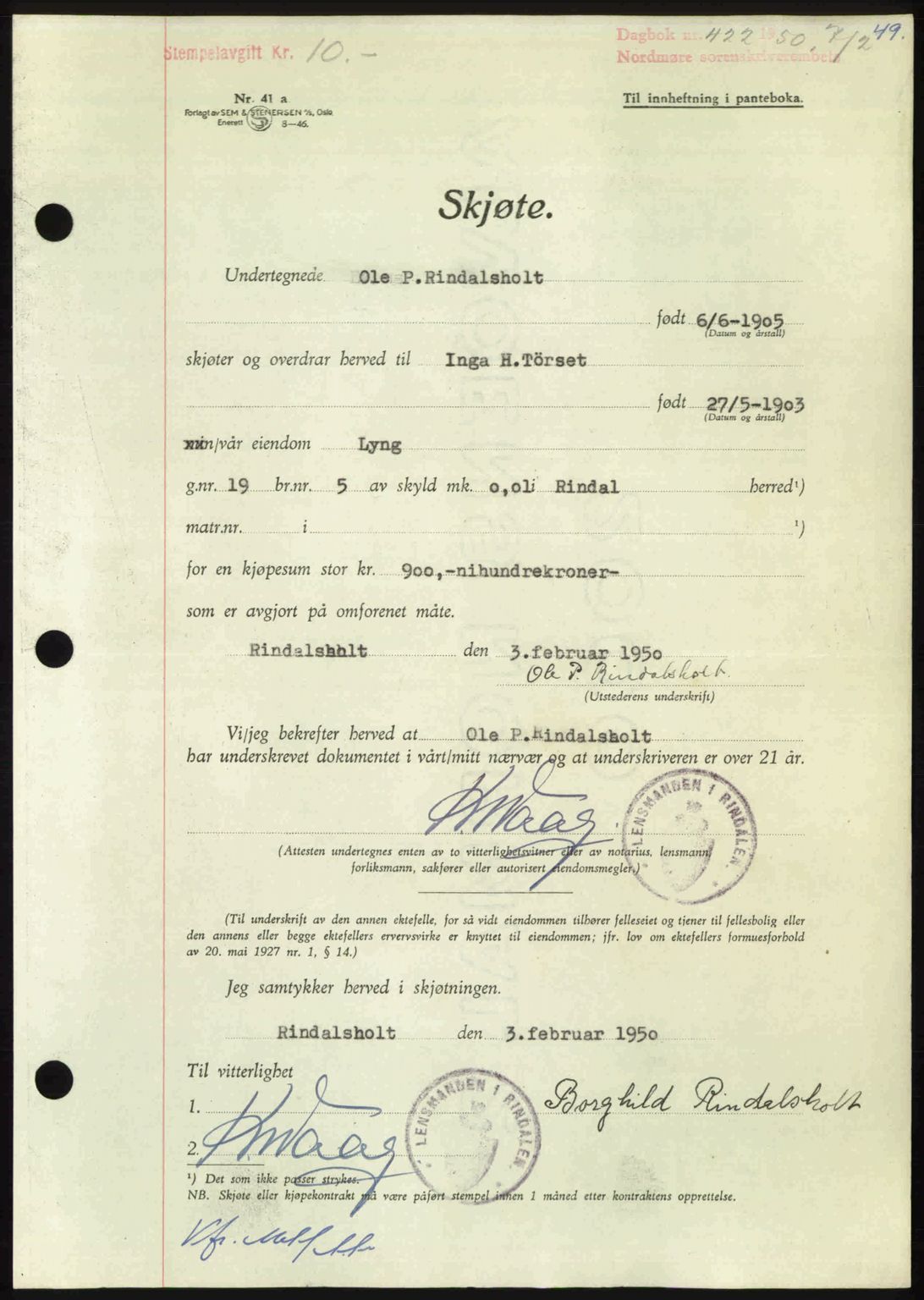 Nordmøre sorenskriveri, AV/SAT-A-4132/1/2/2Ca: Mortgage book no. A114, 1950-1950, Diary no: : 422/1950