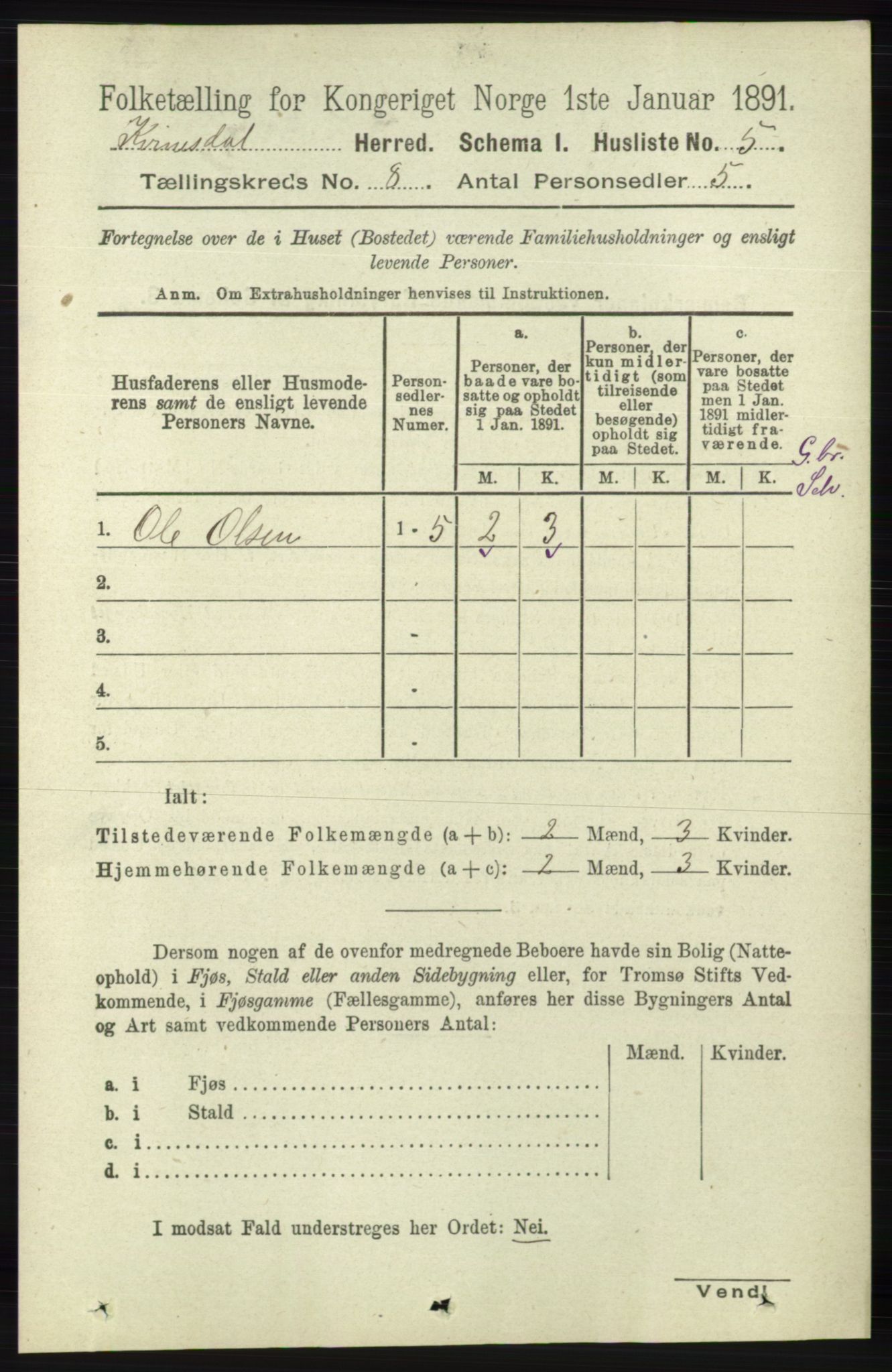 RA, 1891 census for 1037 Kvinesdal, 1891, p. 2696