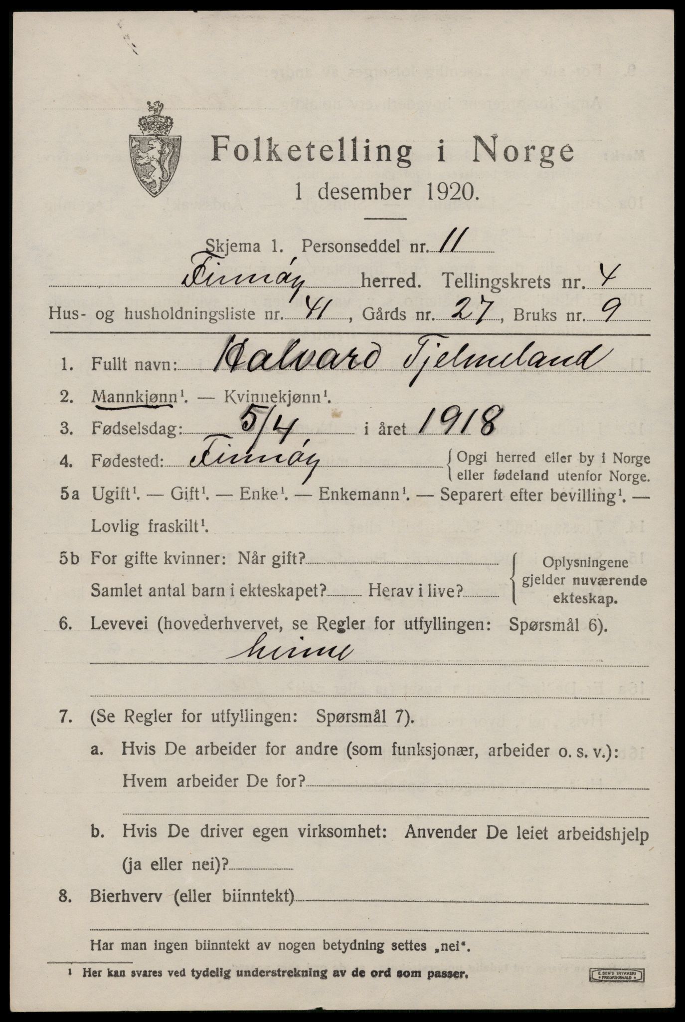 SAST, 1920 census for Finnøy, 1920, p. 2812