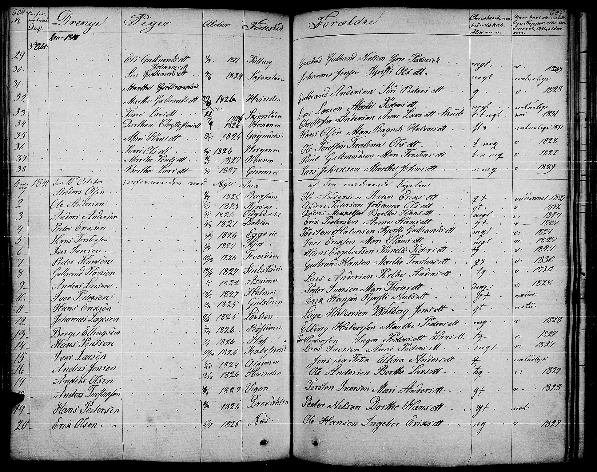 Gran prestekontor, AV/SAH-PREST-112/H/Ha/Haa/L0010: Parish register (official) no. 10, 1824-1842, p. 604-605