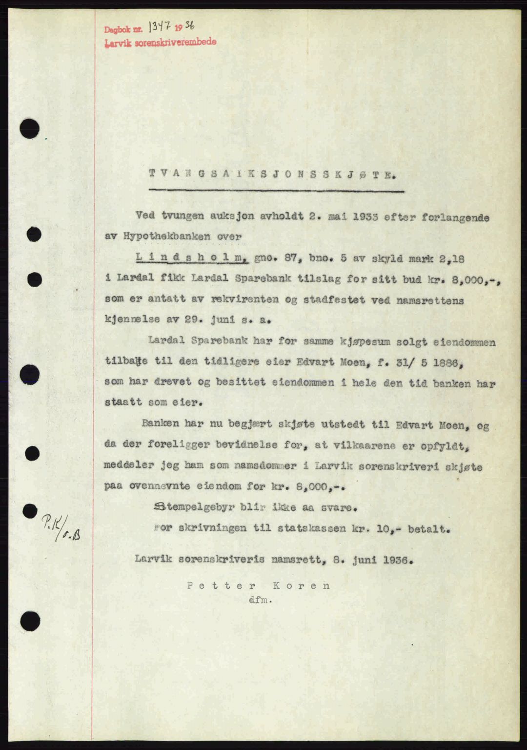 Larvik sorenskriveri, SAKO/A-83/G/Ga/Gab/L0067: Mortgage book no. A-1, 1936-1937, Diary no: : 1346/1936