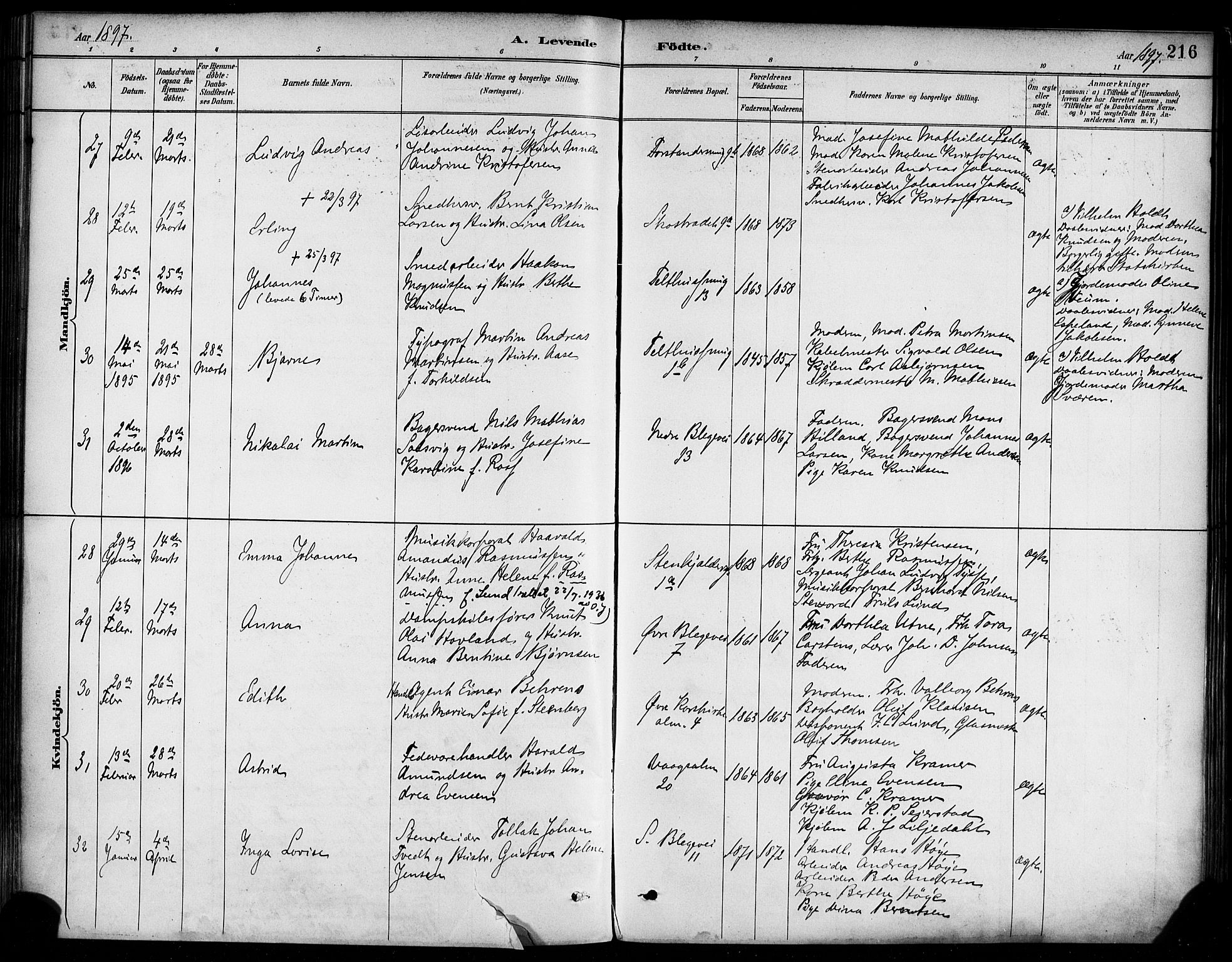 Korskirken sokneprestembete, SAB/A-76101/H/Haa/L0022: Parish register (official) no. B 8, 1889-1899, p. 216