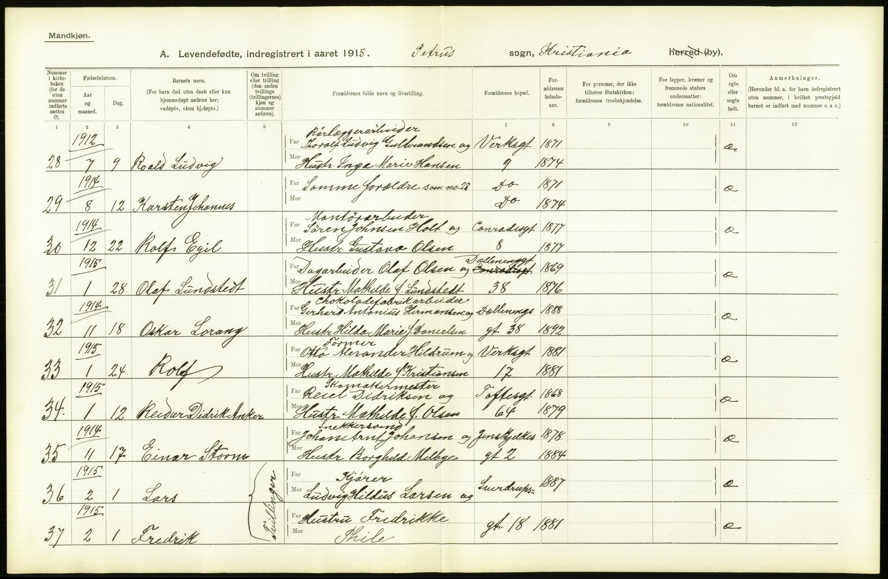 Statistisk sentralbyrå, Sosiodemografiske emner, Befolkning, AV/RA-S-2228/D/Df/Dfb/Dfbe/L0006: Kristiania: Levendefødte menn og kvinner., 1915, p. 44