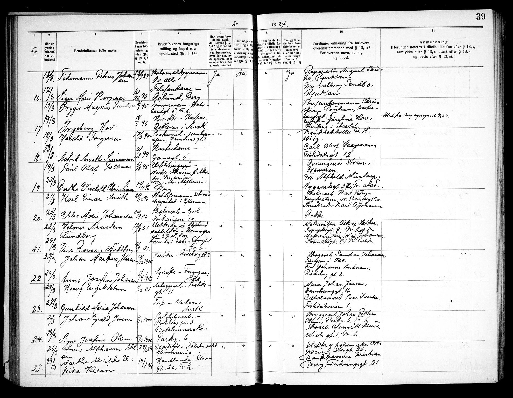 Halden prestekontor Kirkebøker, SAO/A-10909/H/Ha/L0001: Banns register no. I 1, 1919-1934, p. 39