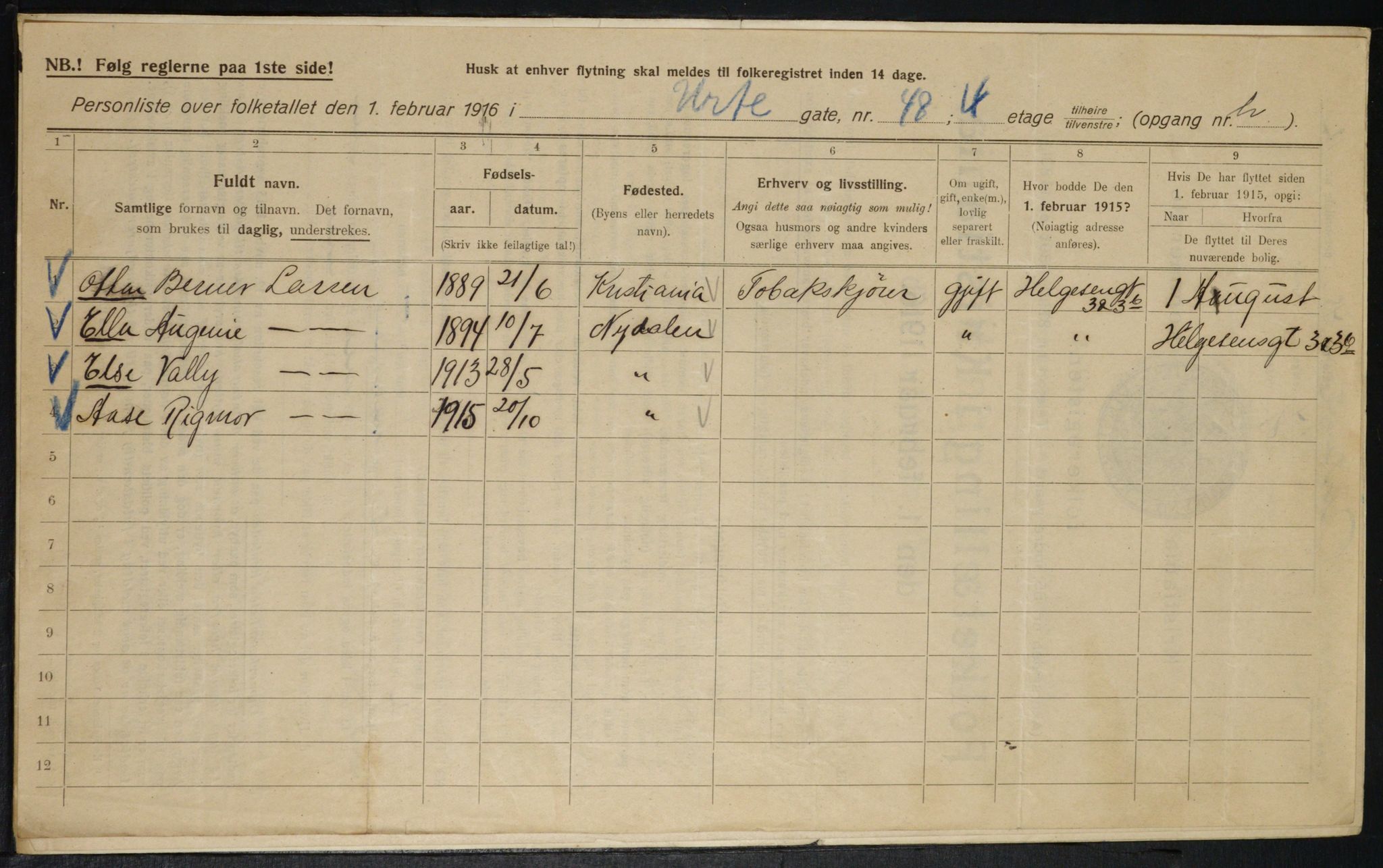 OBA, Municipal Census 1916 for Kristiania, 1916, p. 125048