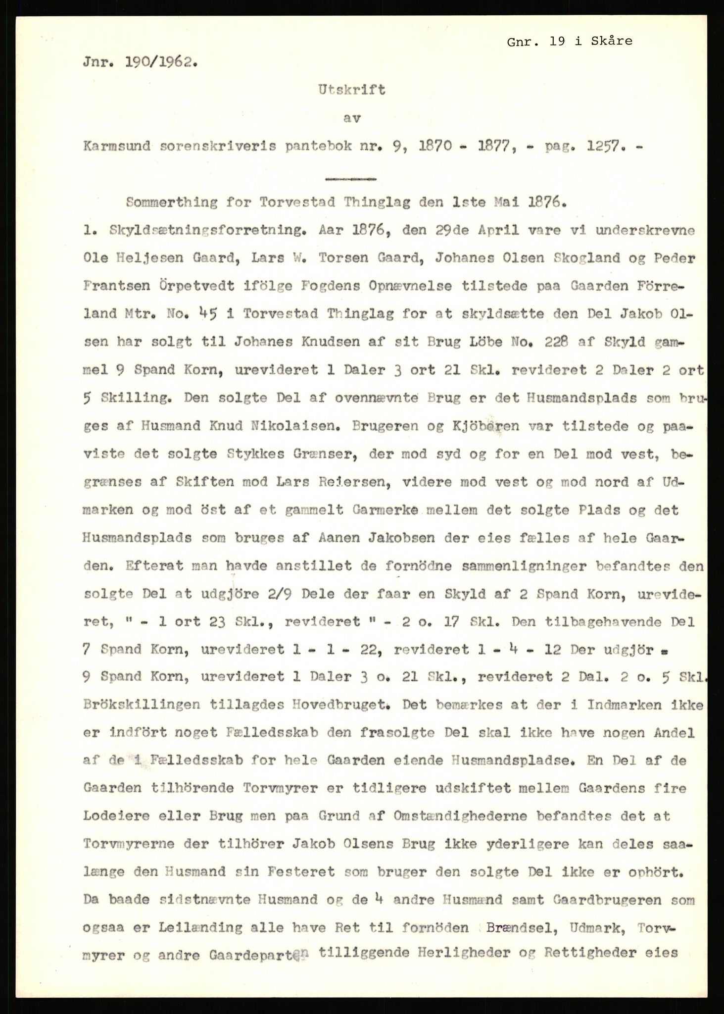 Statsarkivet i Stavanger, AV/SAST-A-101971/03/Y/Yj/L0024: Avskrifter sortert etter gårdsnavn: Fæøen - Garborg, 1750-1930, p. 237