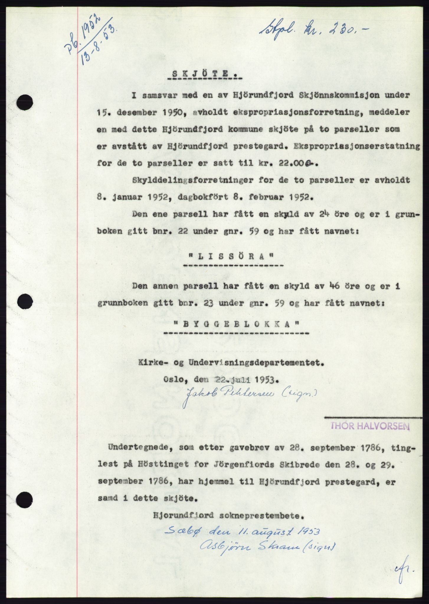 Søre Sunnmøre sorenskriveri, AV/SAT-A-4122/1/2/2C/L0095: Mortgage book no. 21A, 1953-1953, Diary no: : 1952/1953