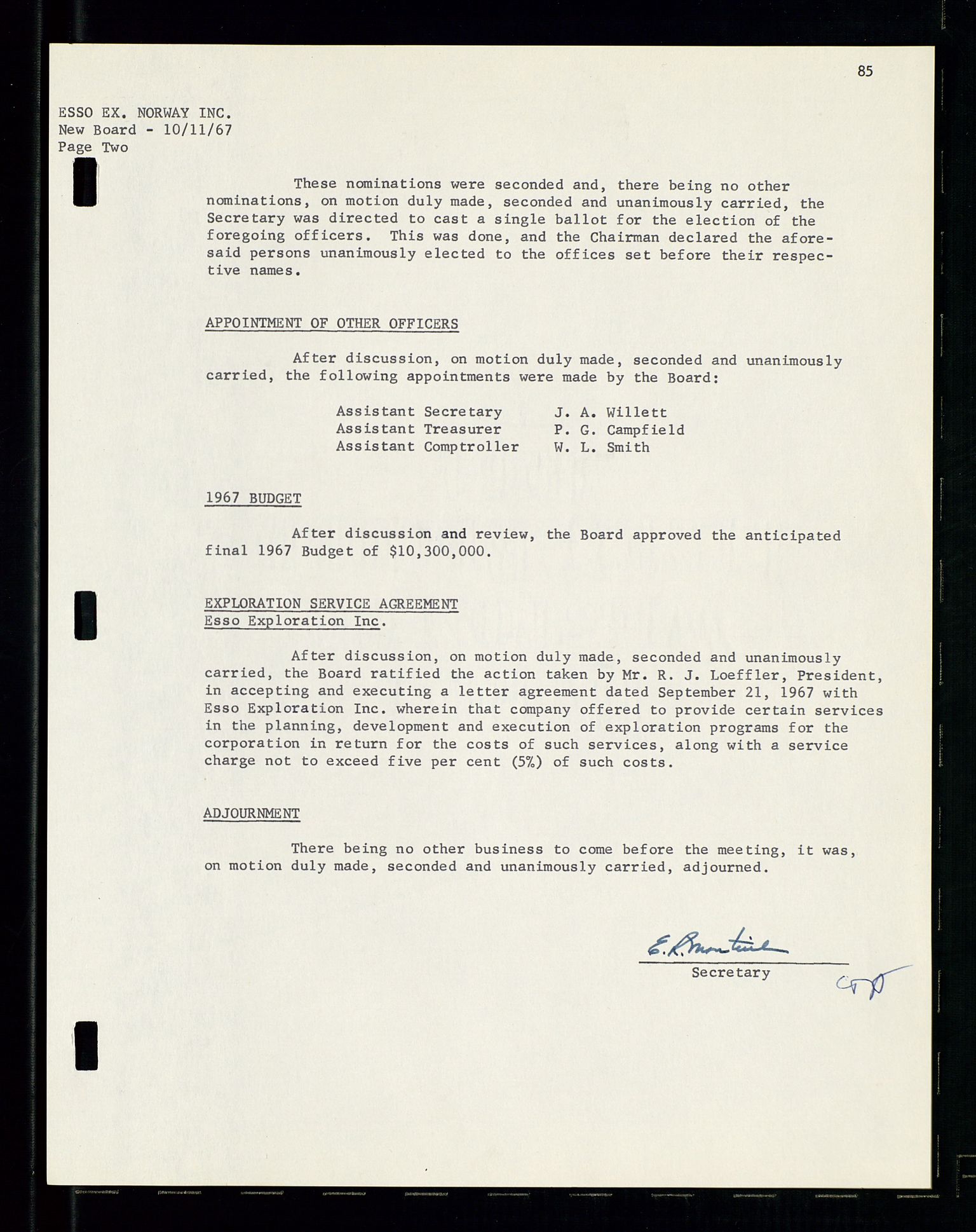 Pa 1512 - Esso Exploration and Production Norway Inc., SAST/A-101917/A/Aa/L0001/0001: Styredokumenter / Corporate records, By-Laws, Board meeting minutes, Incorporations, 1965-1975, p. 85