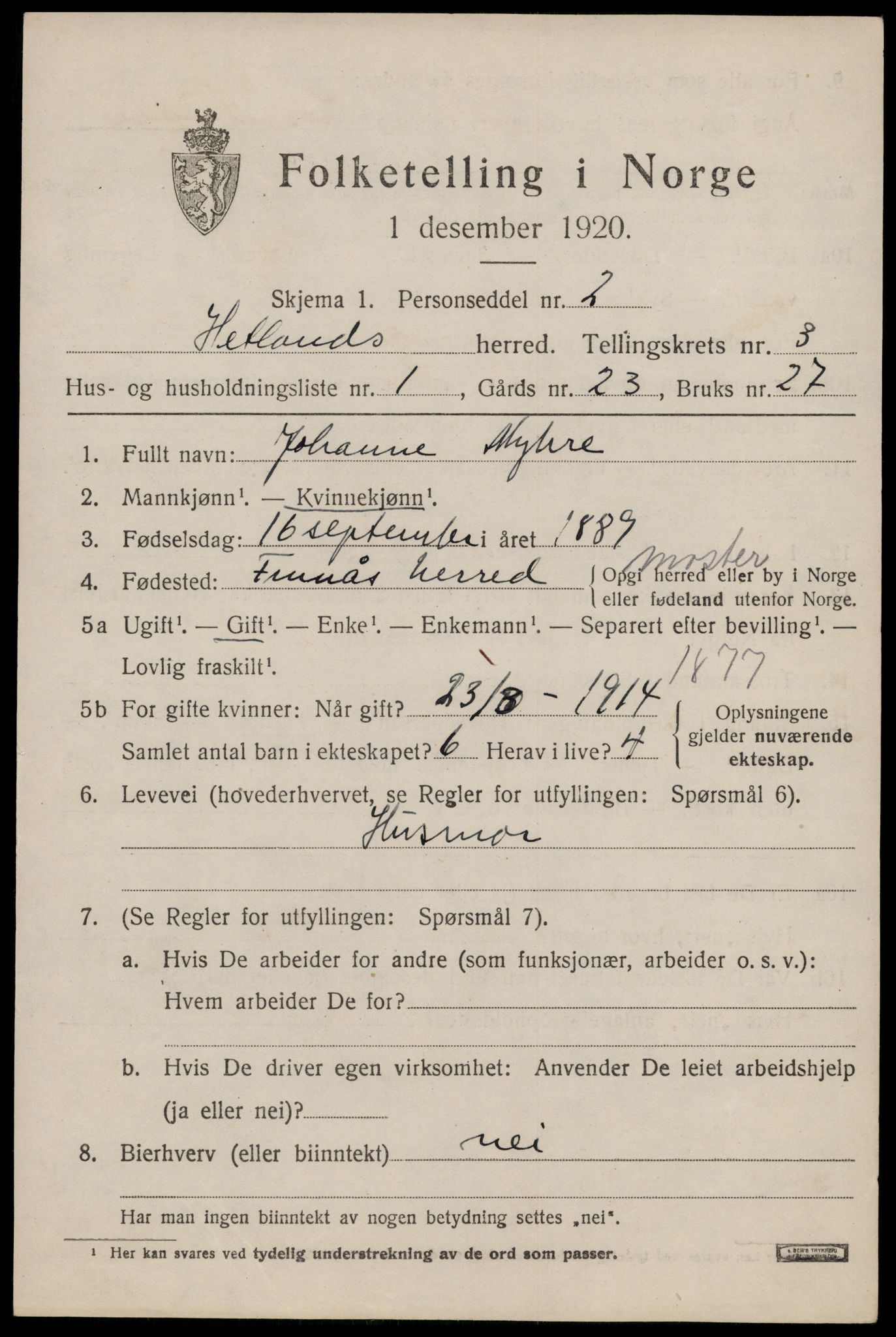 SAST, 1920 census for Hetland, 1920, p. 5211