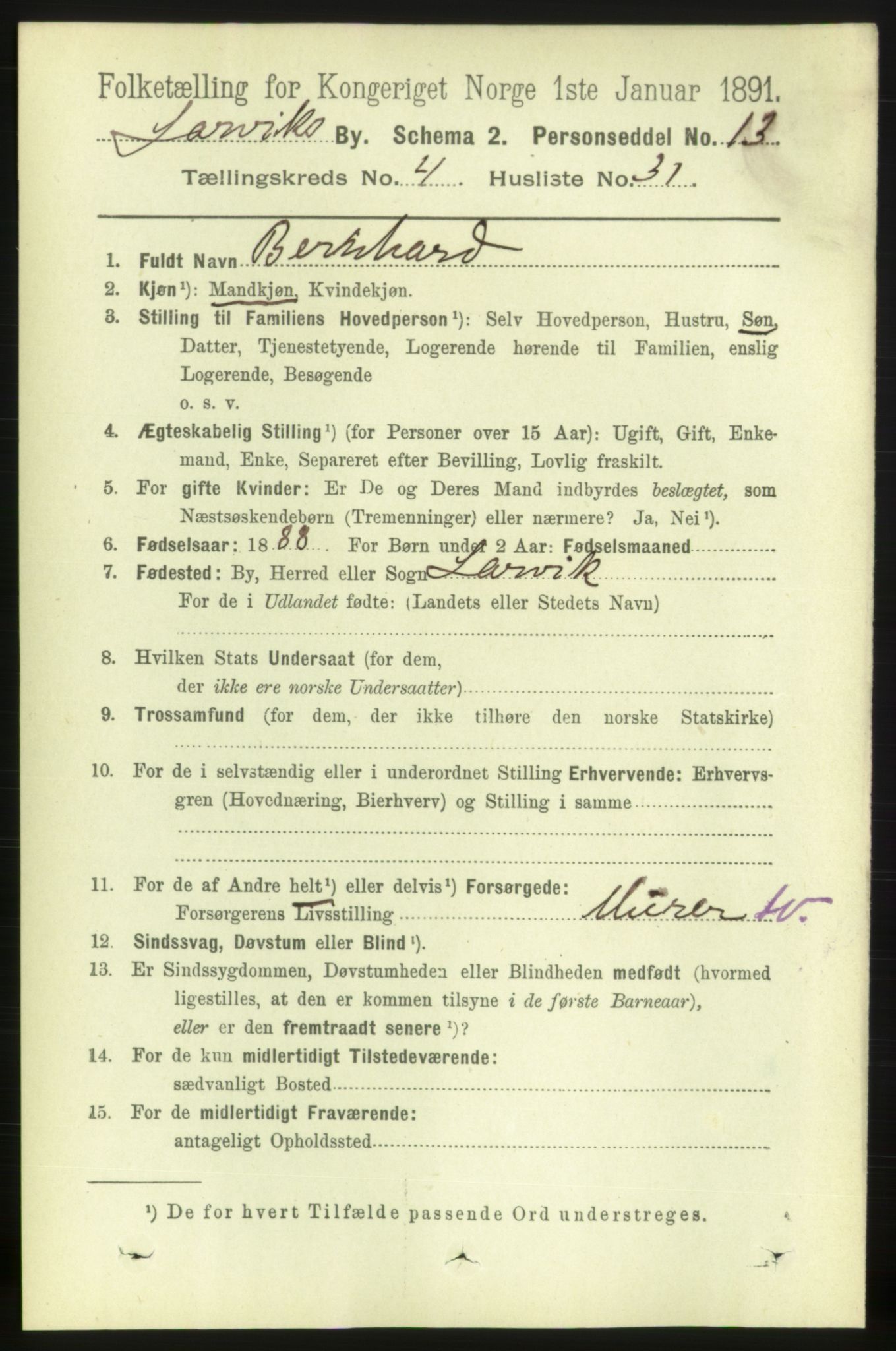 RA, 1891 census for 0707 Larvik, 1891, p. 5456