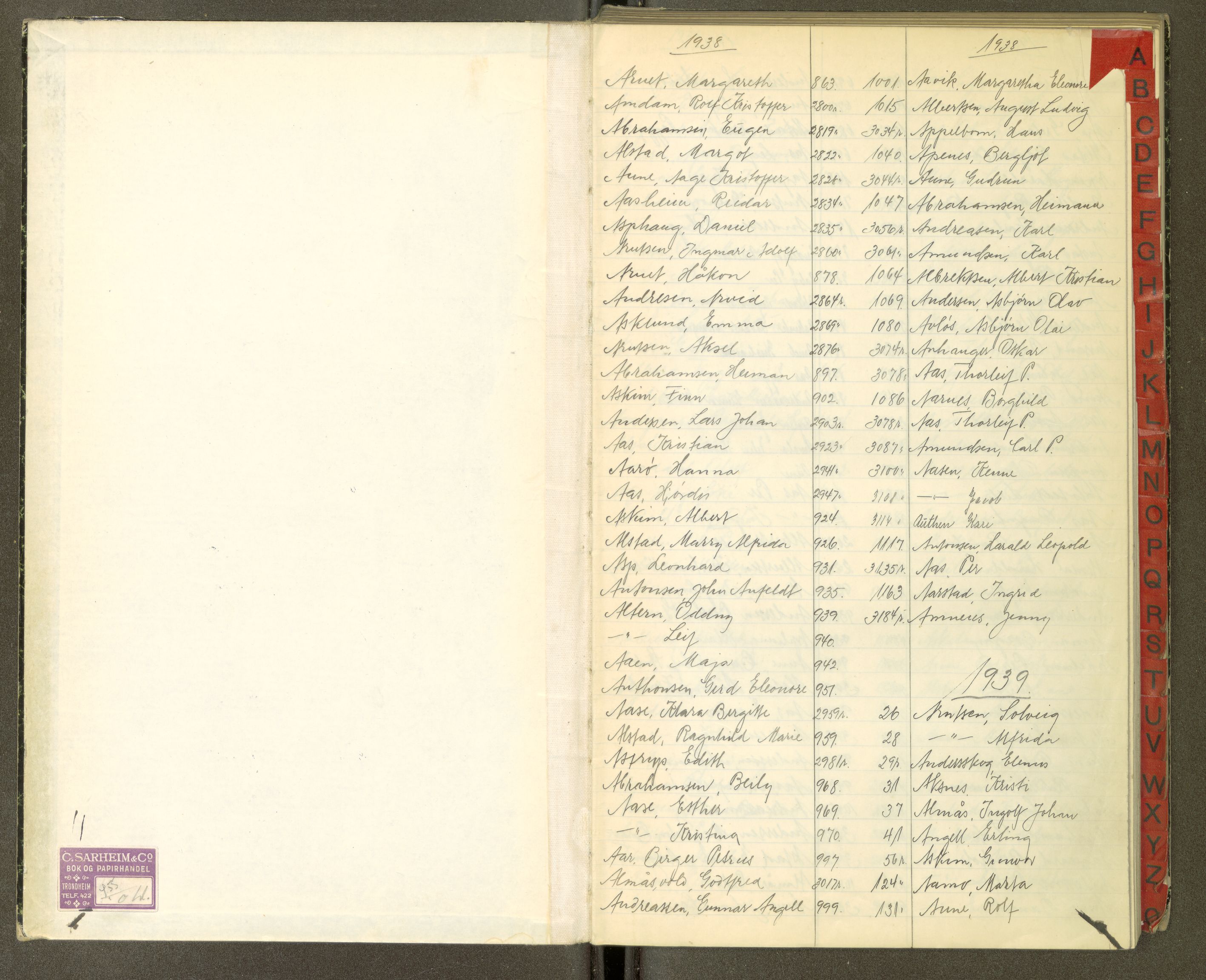 Trondheim politikammer, AV/SAT-A-1887/1/30/L0054: Register til passprotokoll 25.08-30.05, 1938-1945