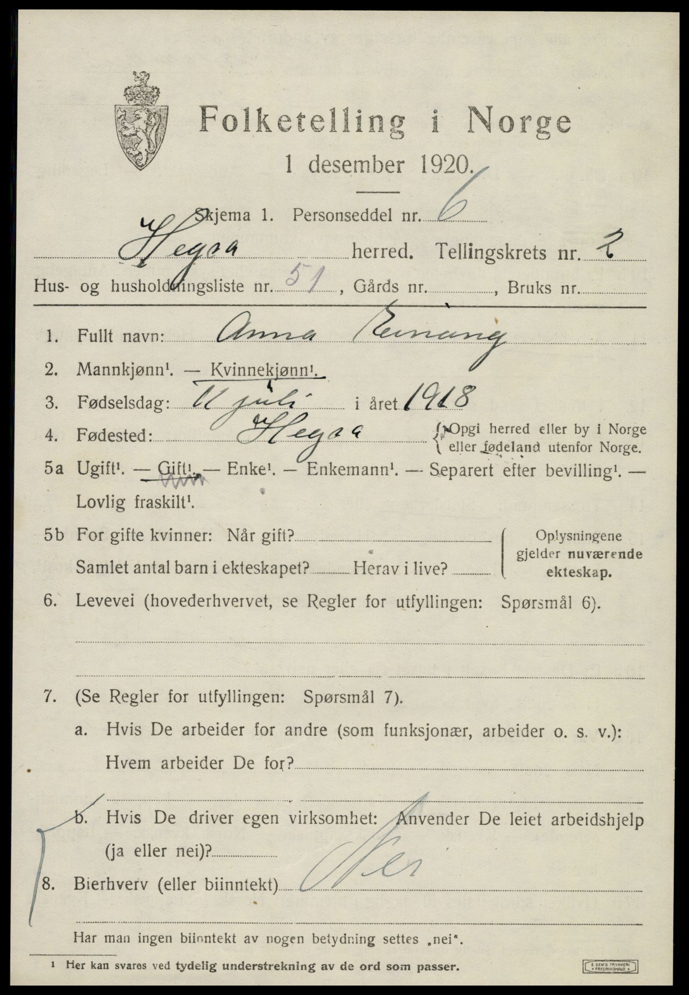 SAT, 1920 census for Hegra, 1920, p. 2166