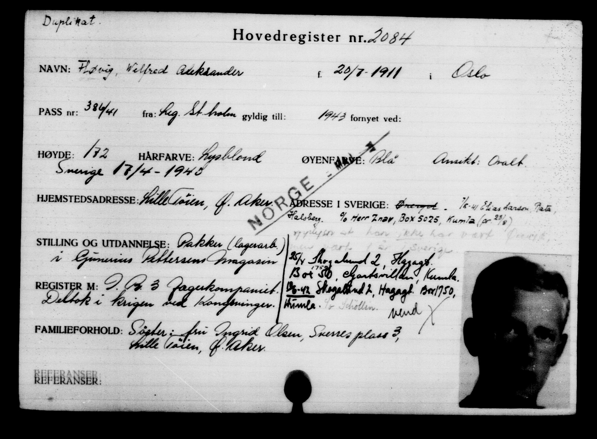 Utenriksstasjonene, Legasjonen i Stockholm, Flyktningkontoret, AV/RA-S-6753/V/Va/L0003: Kjesäterkartoteket, flyktninger med registreringsnr. 2001-3495, 1940-1945, p. 112