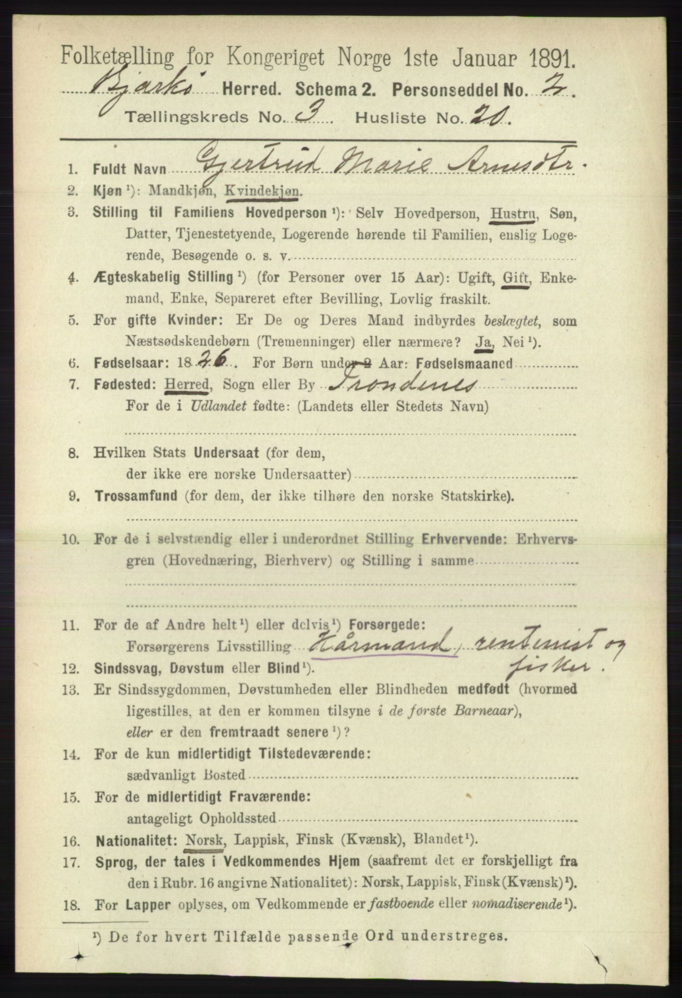 RA, 1891 census for 1915 Bjarkøy, 1891, p. 1667