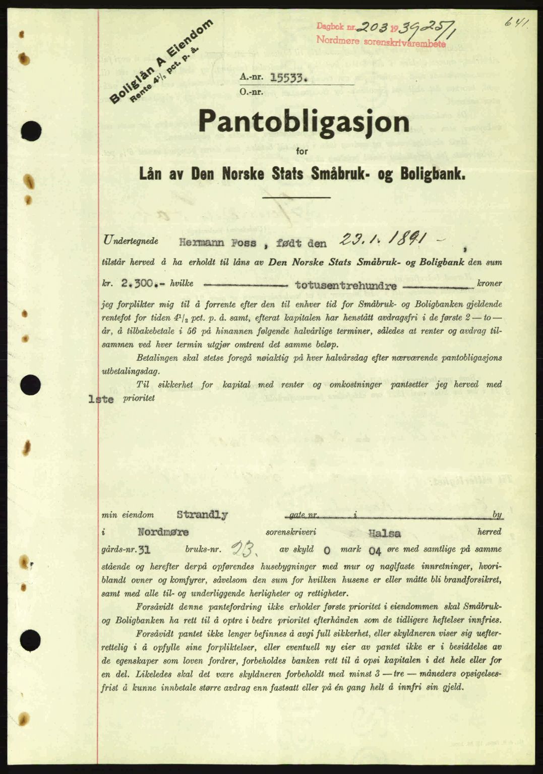 Nordmøre sorenskriveri, SAT/A-4132/1/2/2Ca: Mortgage book no. B84, 1938-1939, Diary no: : 203/1939