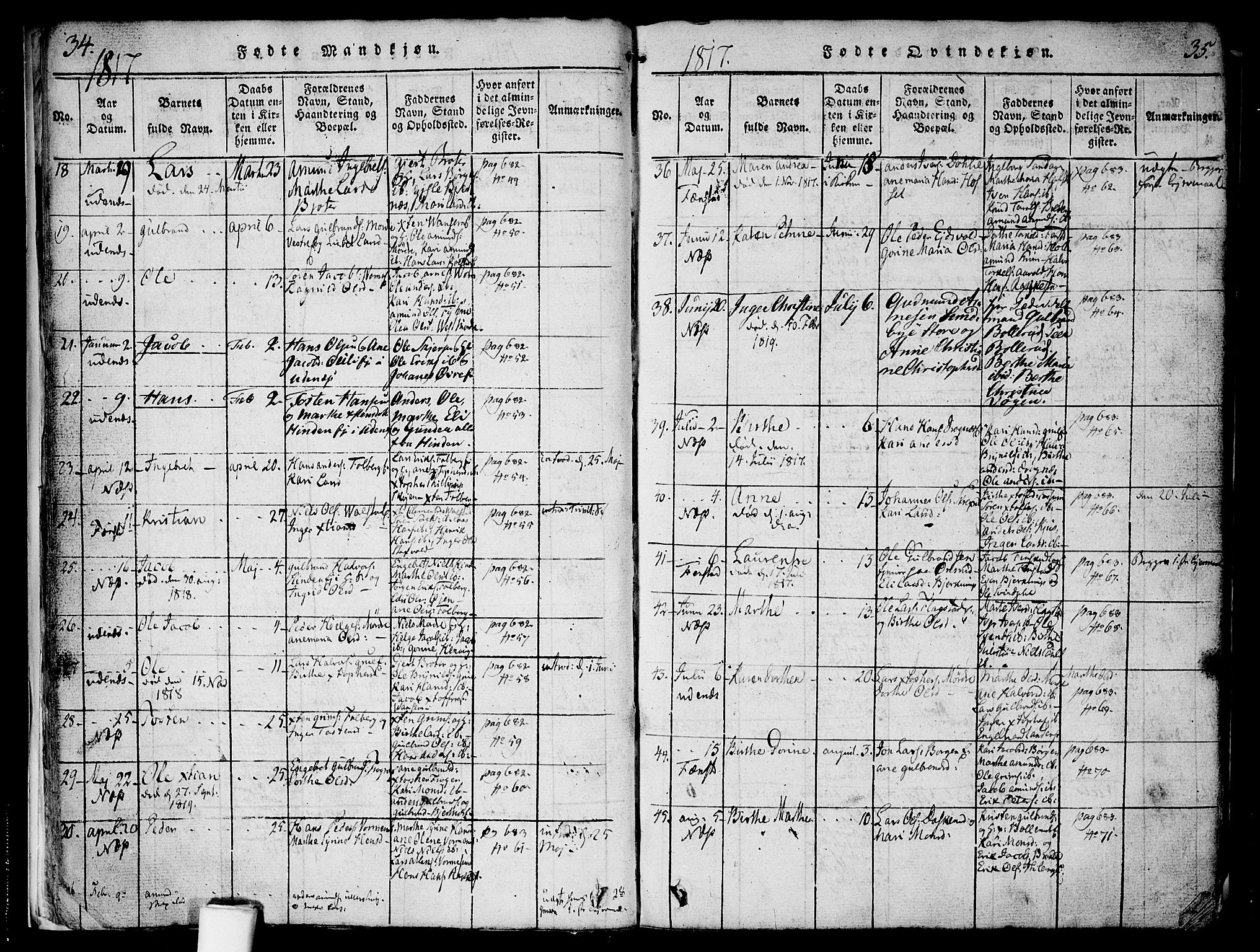 Nes prestekontor Kirkebøker, AV/SAO-A-10410/F/Fa/L0005: Parish register (official) no. I 5, 1815-1835, p. 34-35