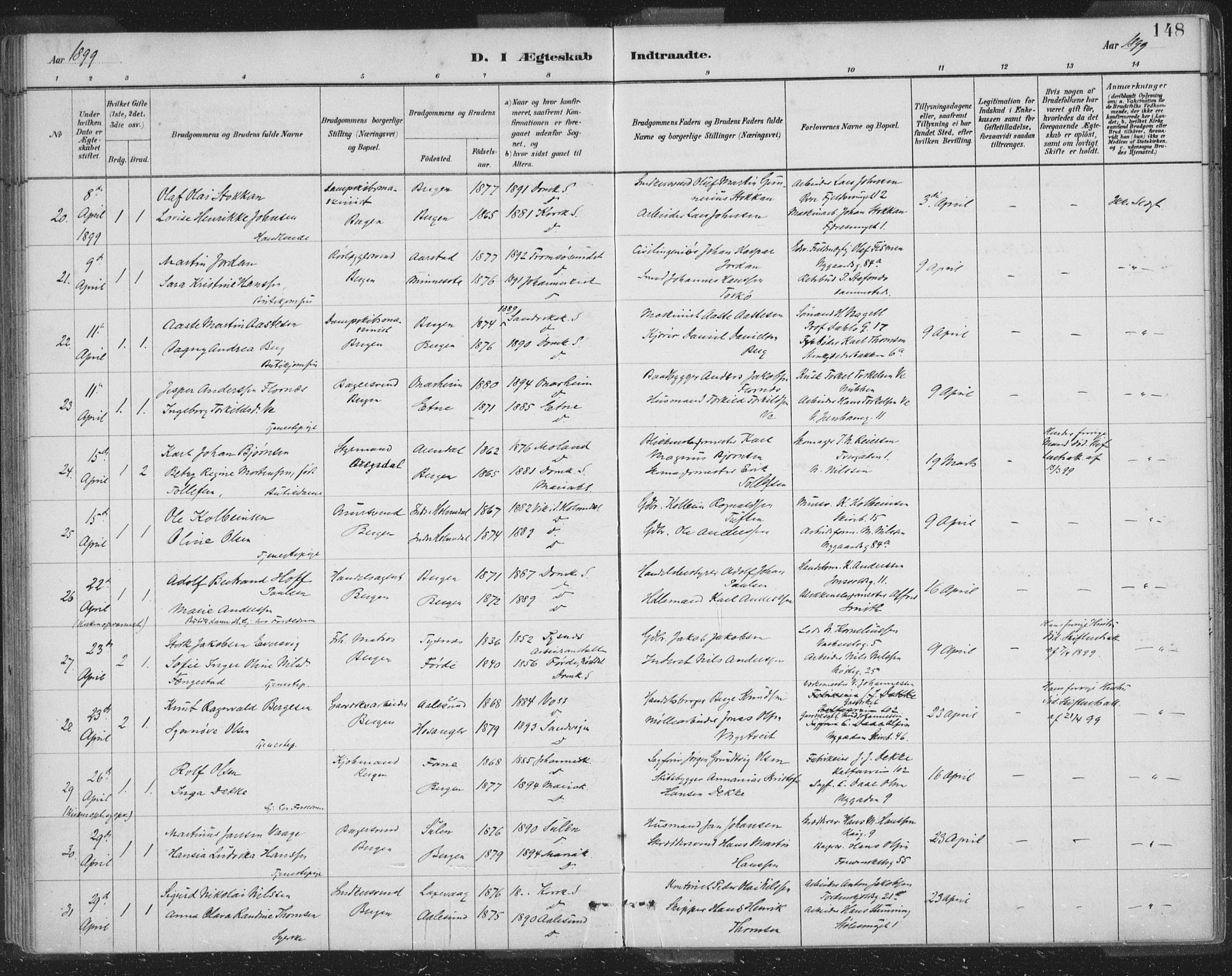 Domkirken sokneprestembete, SAB/A-74801/H/Hab/L0032: Parish register (copy) no. D 4, 1880-1907, p. 148