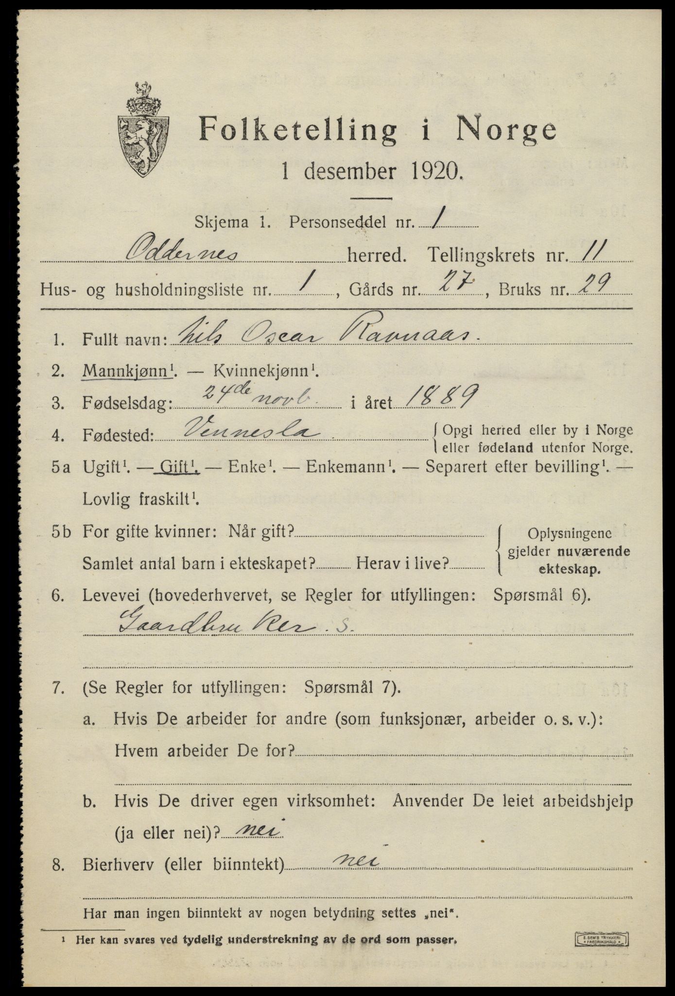 SAK, 1920 census for Oddernes, 1920, p. 7061