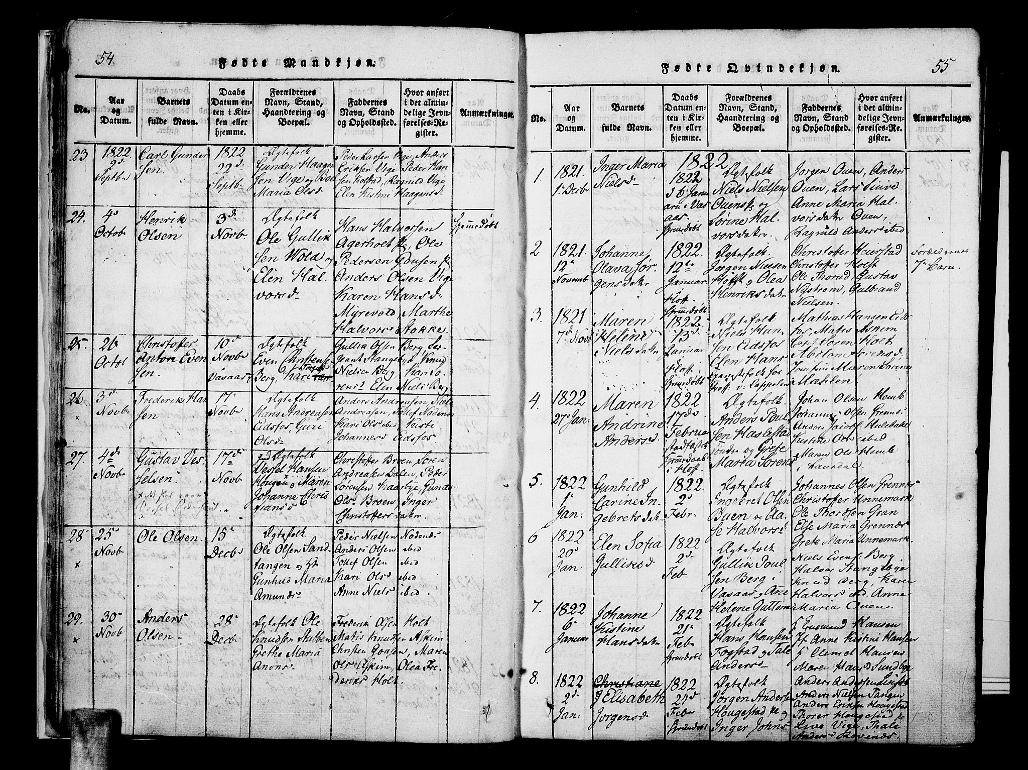 Hof kirkebøker, AV/SAKO-A-64/F/Fa/L0004: Parish register (official) no. I 4, 1814-1843, p. 54-55