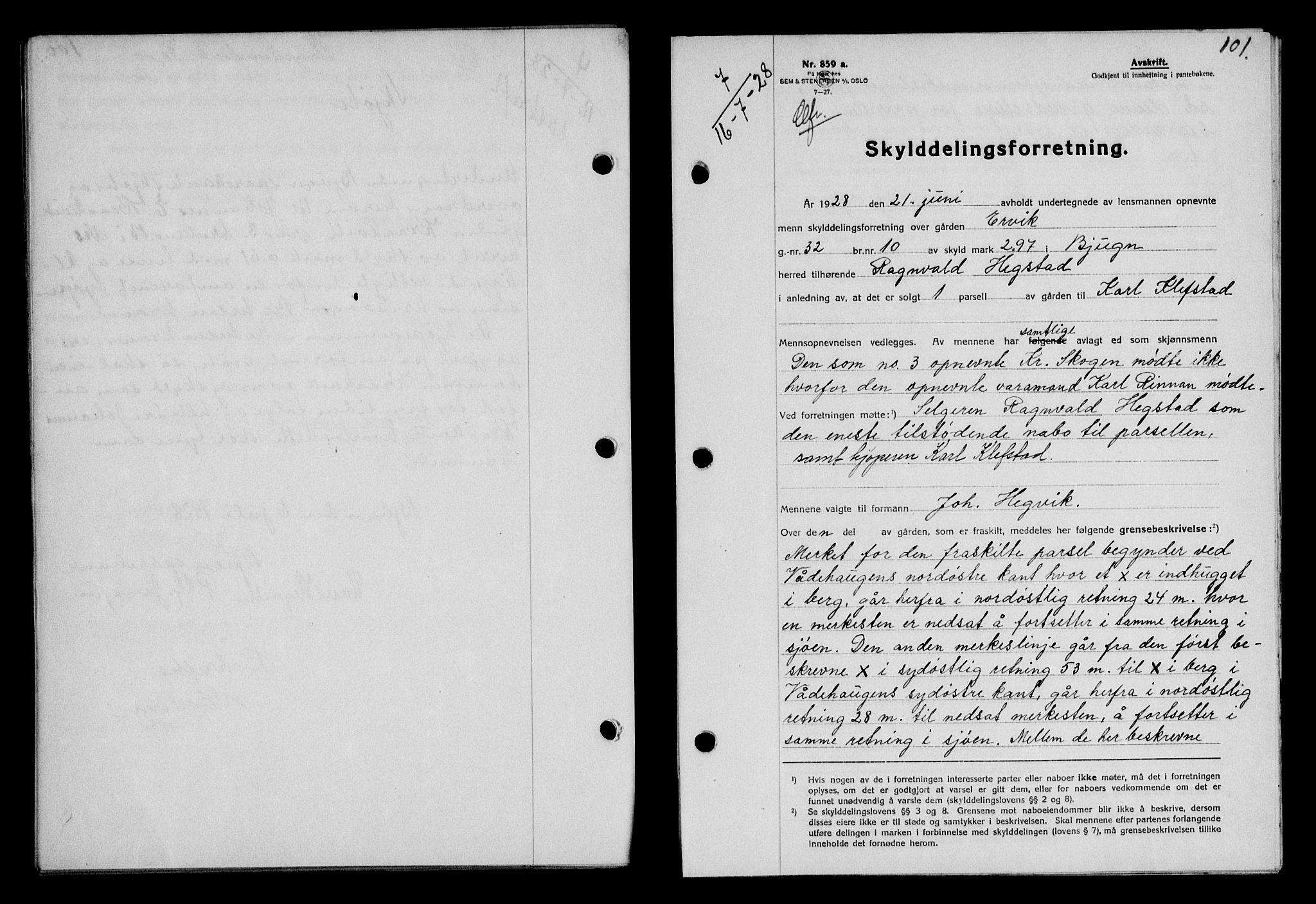 Fosen sorenskriveri, SAT/A-1107/1/2/2C/L0067: Mortgage book no. 58, 1928-1929, p. 101, Deed date: 16.07.1928