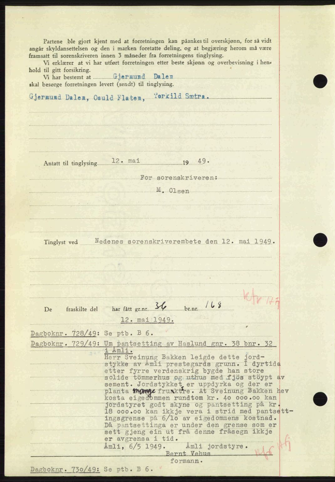 Nedenes sorenskriveri, AV/SAK-1221-0006/G/Gb/Gba/L0060: Mortgage book no. A12, 1948-1949, Diary no: : 727/1949