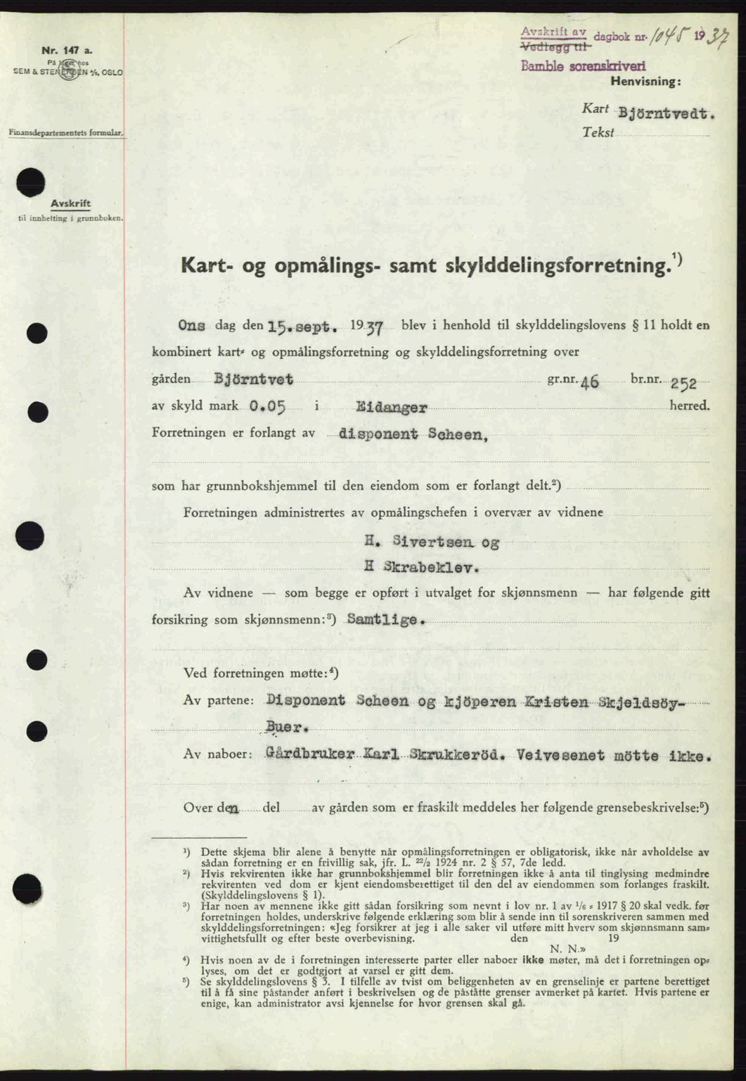 Bamble sorenskriveri, AV/SAKO-A-214/G/Ga/Gag/L0002: Mortgage book no. A-2, 1937-1938, Diary no: : 1045/1937