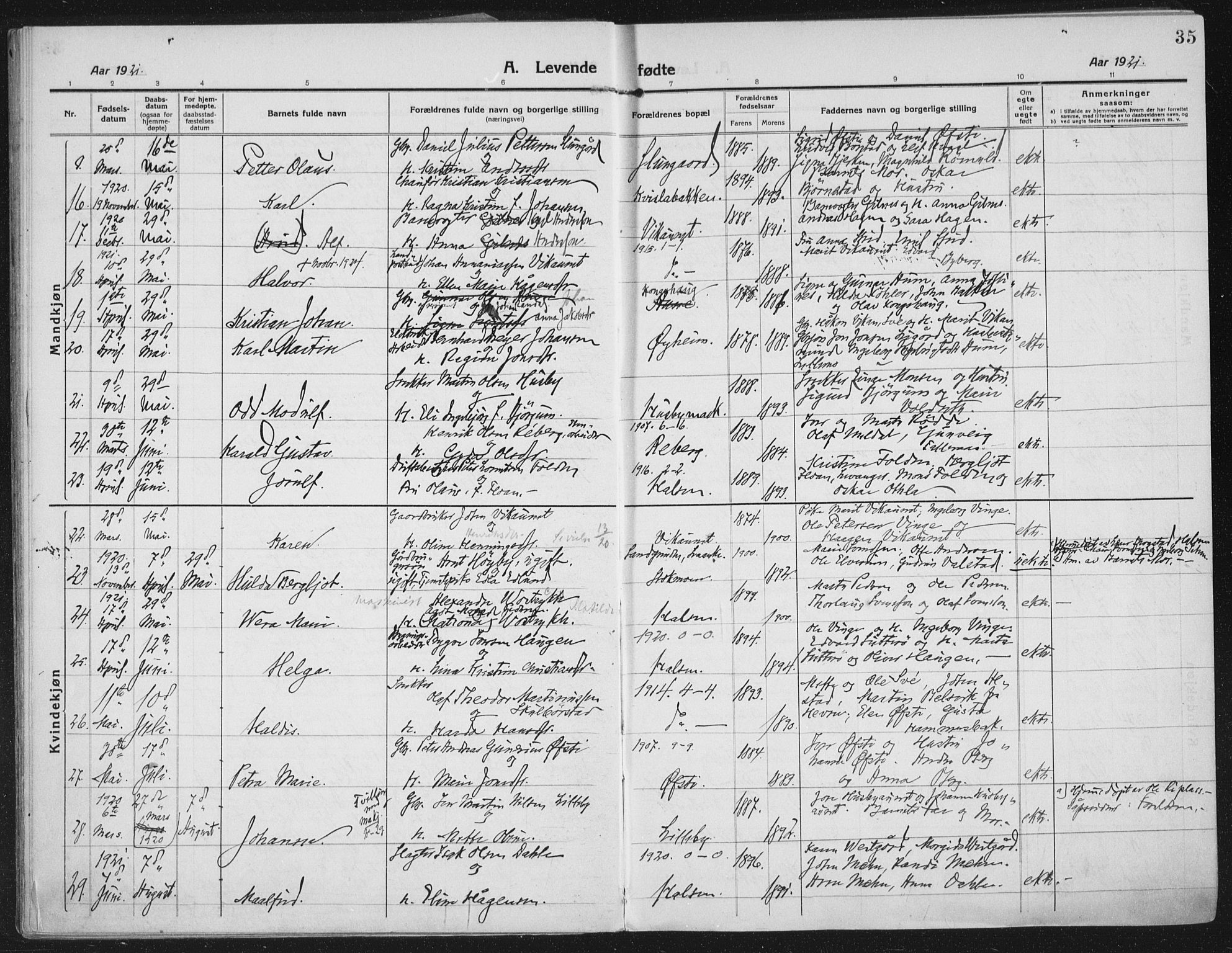 Ministerialprotokoller, klokkerbøker og fødselsregistre - Nord-Trøndelag, AV/SAT-A-1458/709/L0083: Parish register (official) no. 709A23, 1916-1928, p. 35