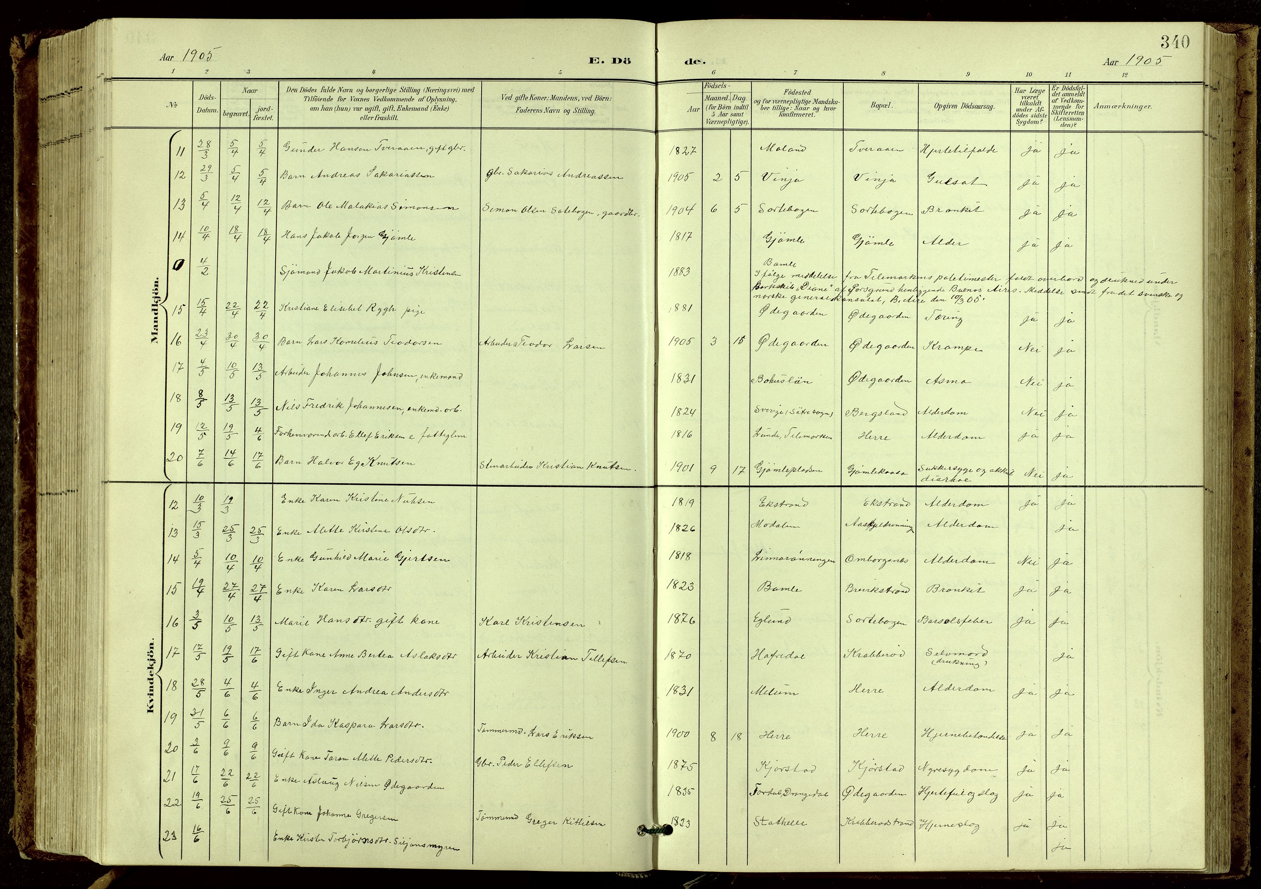 Bamble kirkebøker, SAKO/A-253/G/Ga/L0010: Parish register (copy) no. I 10, 1901-1919, p. 340