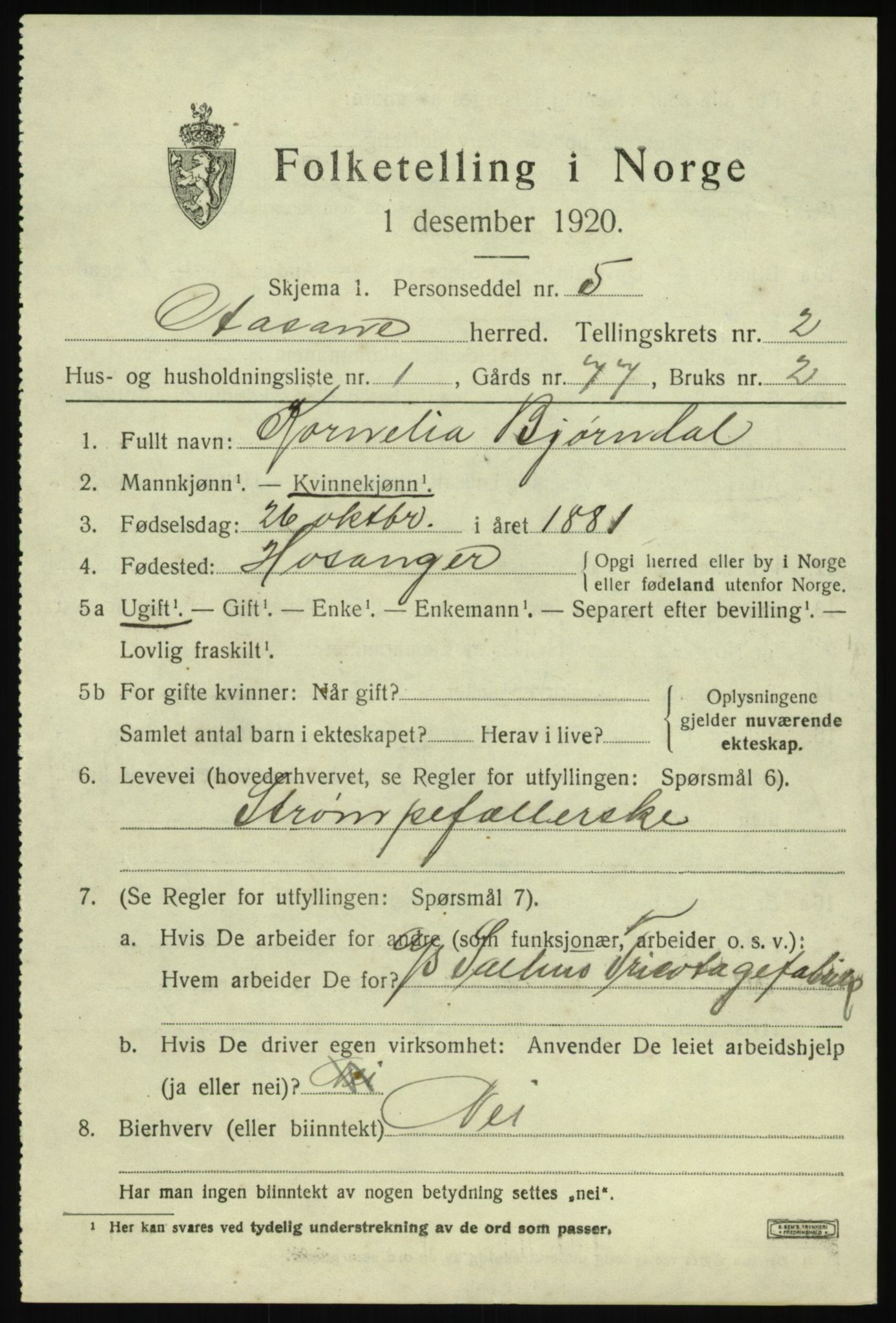 SAB, 1920 census for Åsane, 1920, p. 1235