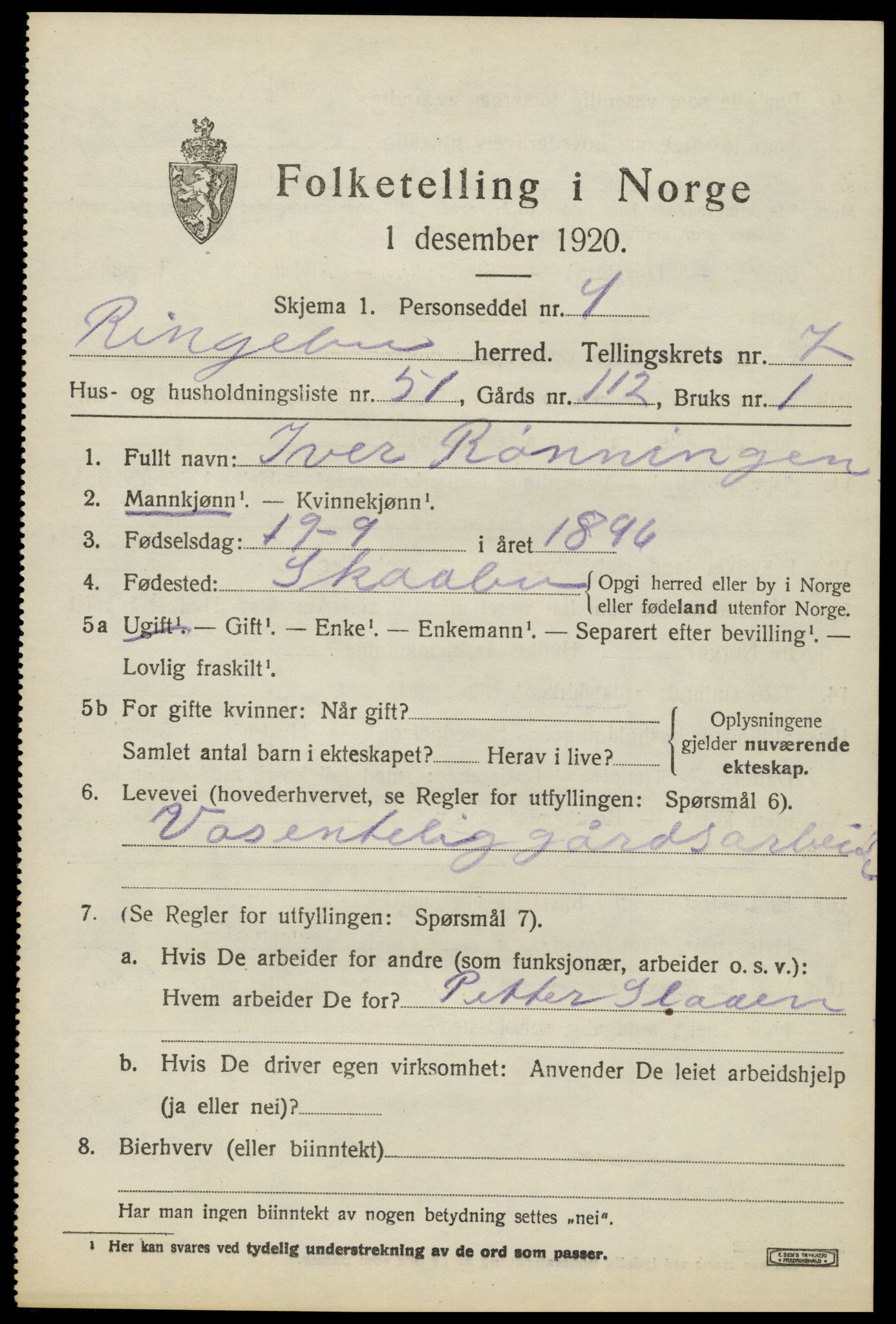 SAH, 1920 census for Ringebu, 1920, p. 7993