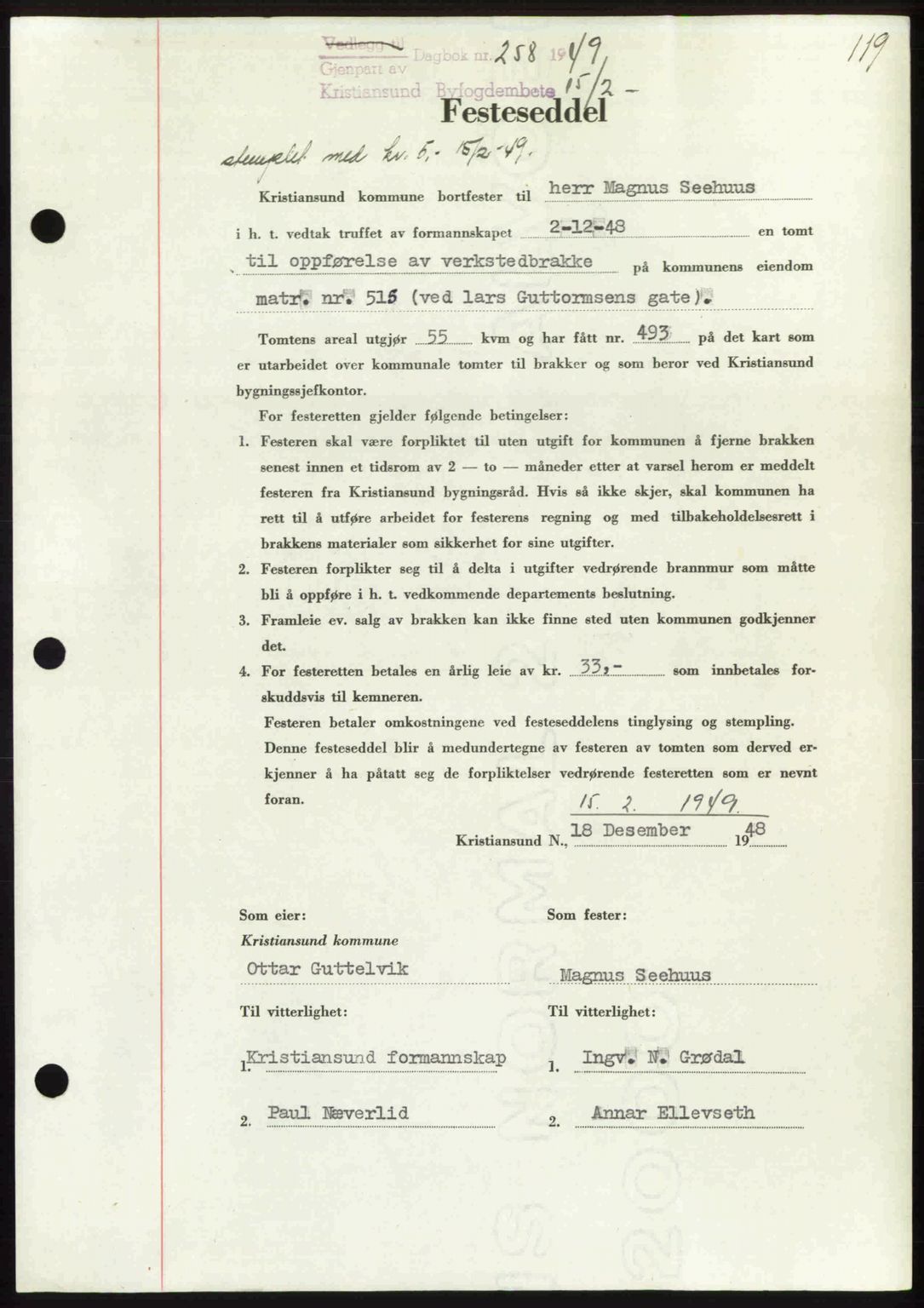 Kristiansund byfogd, AV/SAT-A-4587/A/27: Mortgage book no. 45, 1948-1949, Diary no: : 258/1949