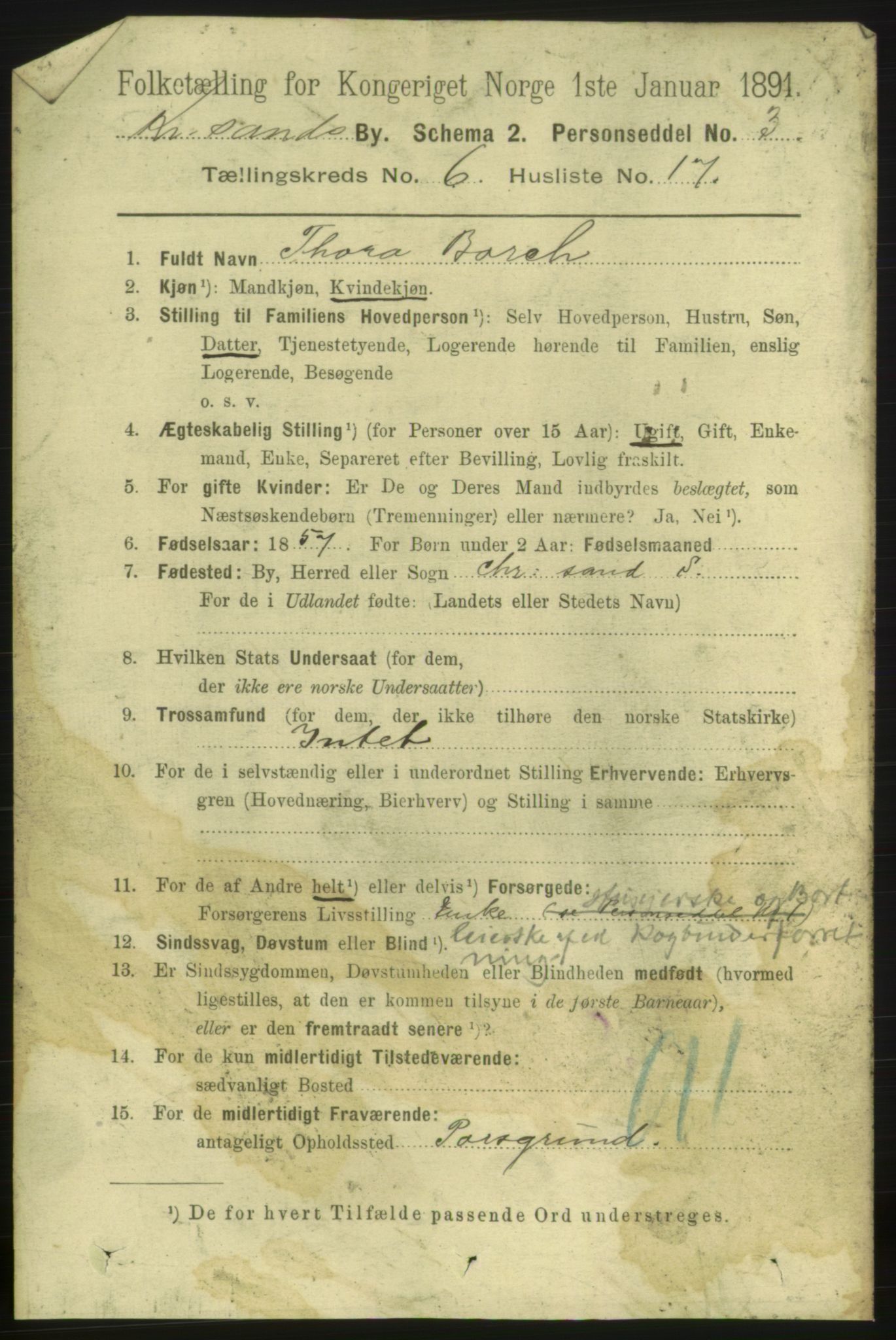 RA, 1891 census for 1001 Kristiansand, 1891, p. 4647