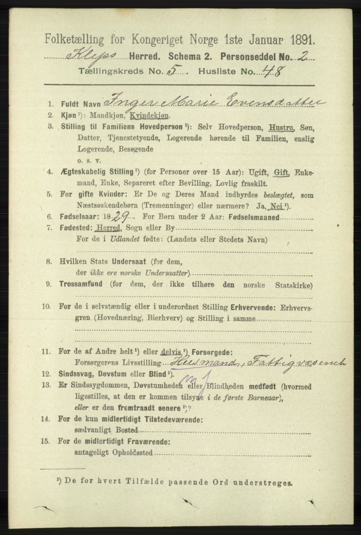 RA, 1891 census for 1120 Klepp, 1891, p. 1653