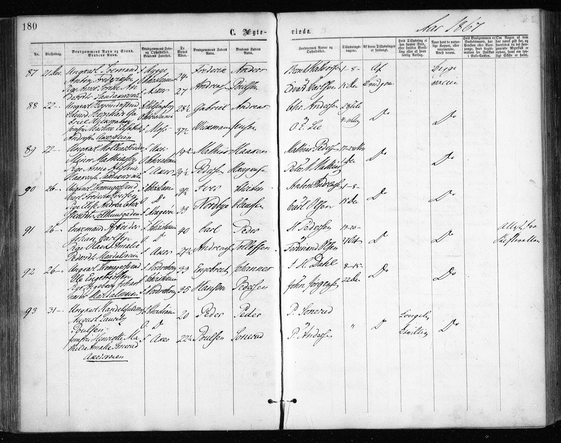 Gamle Aker prestekontor Kirkebøker, SAO/A-10617a/F/L0003: Parish register (official) no. 3, 1865-1873, p. 180