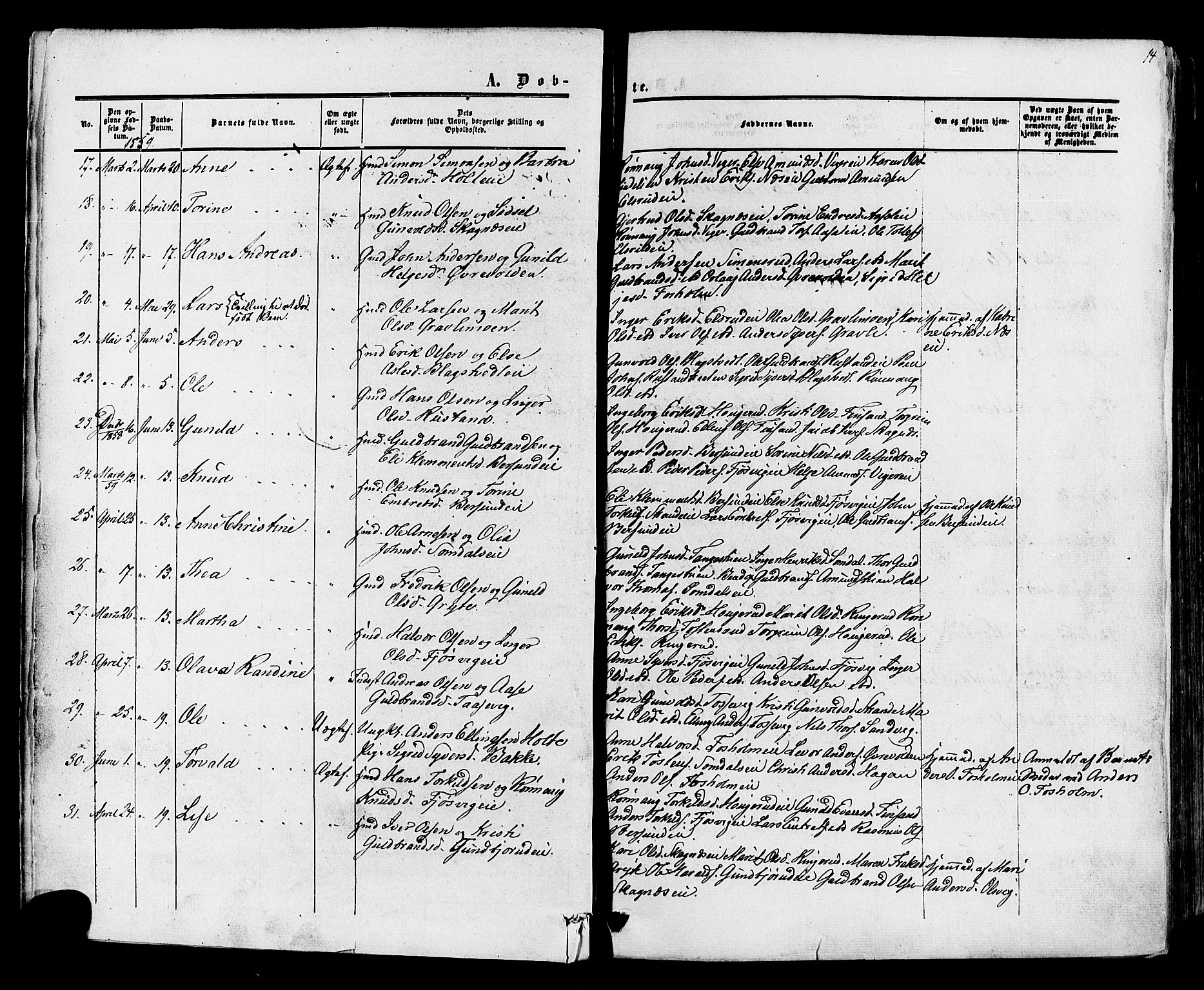 Ådal kirkebøker, AV/SAKO-A-248/F/Fa/L0001: Parish register (official) no. I 1, 1857-1883, p. 14