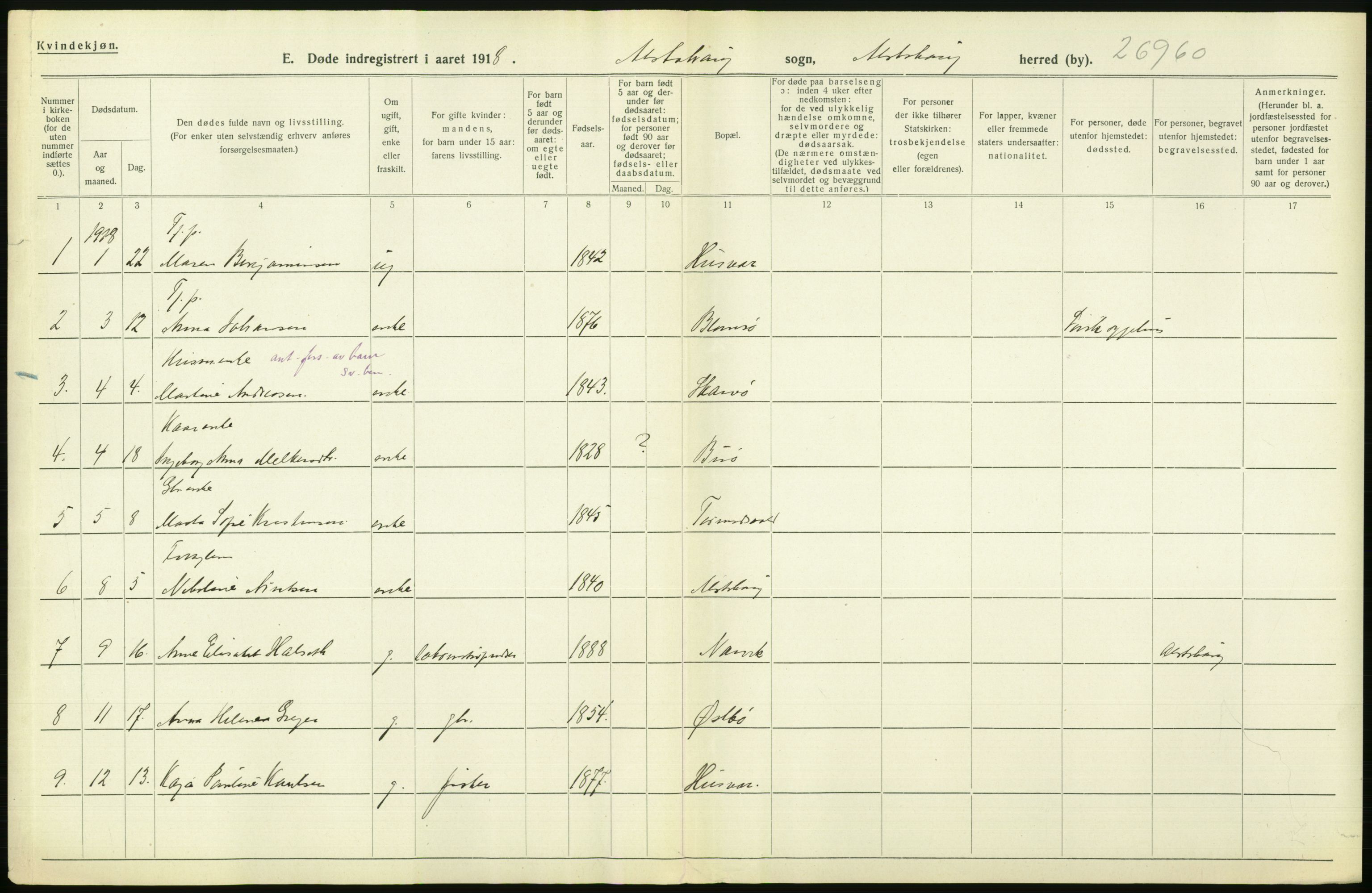 Statistisk sentralbyrå, Sosiodemografiske emner, Befolkning, AV/RA-S-2228/D/Df/Dfb/Dfbh/L0055: Nordland fylke: Døde. Bygder og byer., 1918, p. 220