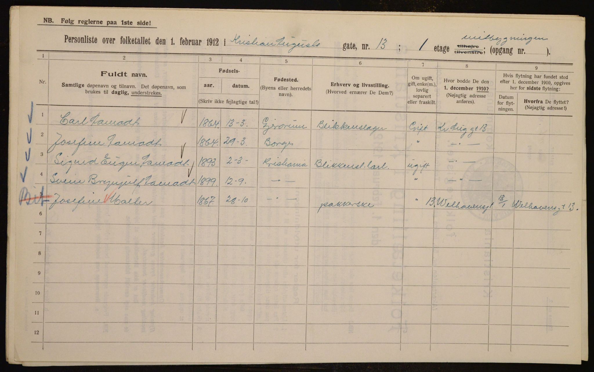 OBA, Municipal Census 1912 for Kristiania, 1912, p. 54302