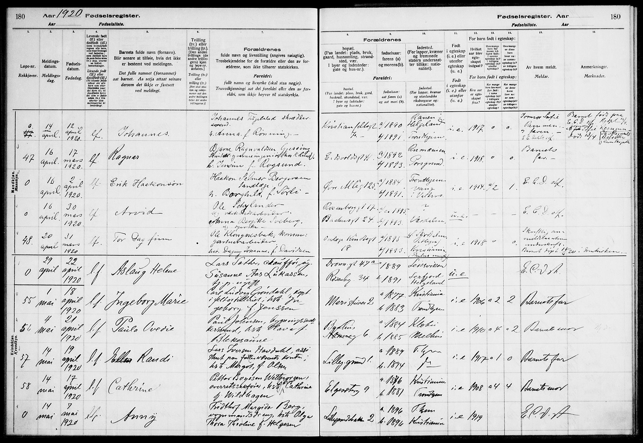Ministerialprotokoller, klokkerbøker og fødselsregistre - Sør-Trøndelag, SAT/A-1456/604/L0232: Birth register no. 604.II.4.1, 1916-1920, p. 180