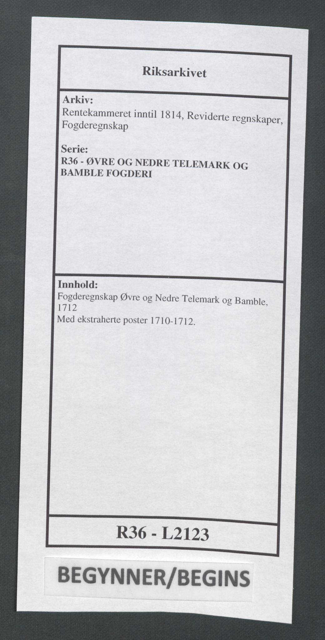 Rentekammeret inntil 1814, Reviderte regnskaper, Fogderegnskap, RA/EA-4092/R36/L2123: Fogderegnskap Øvre og Nedre Telemark og Bamble, 1712, p. 1