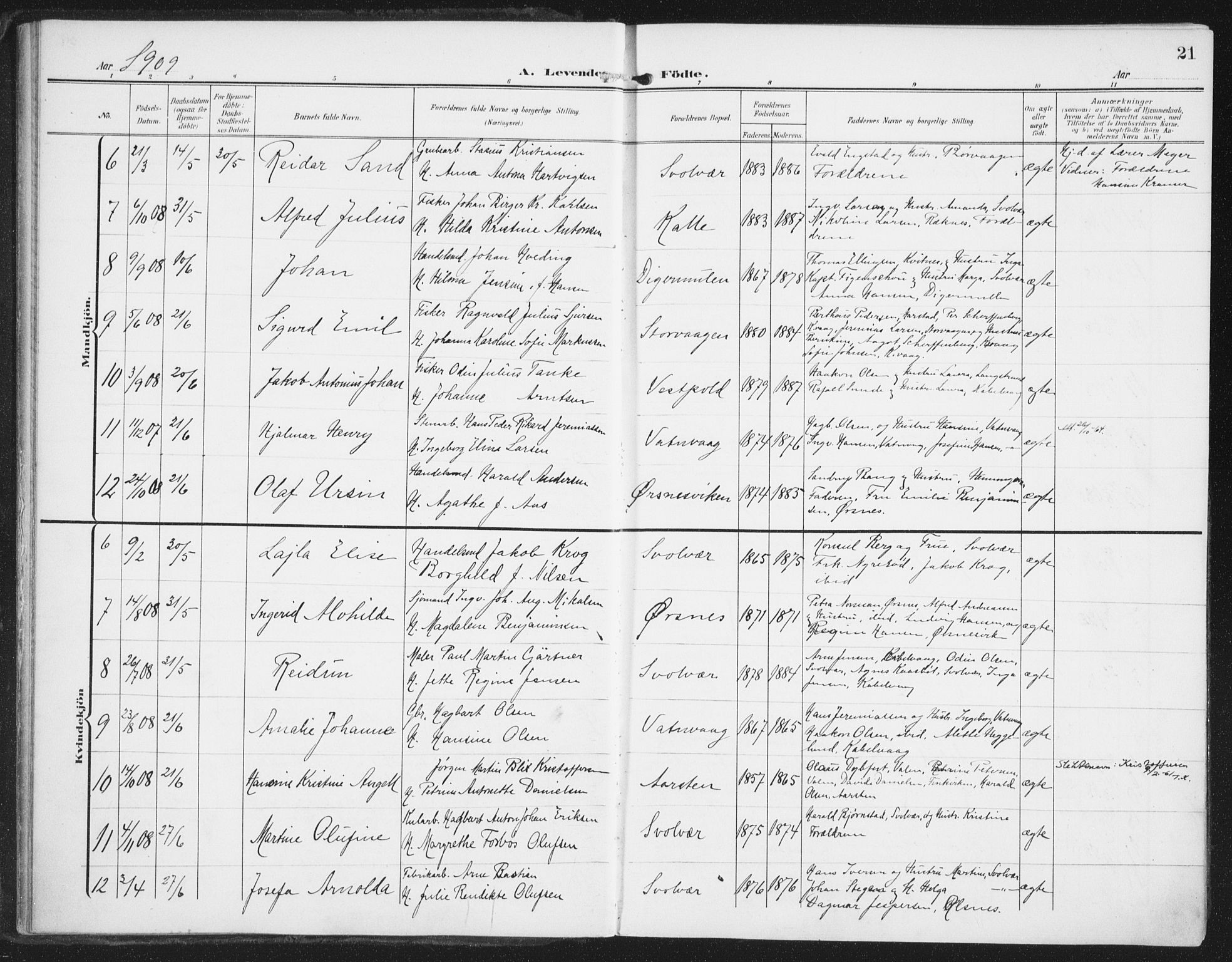 Ministerialprotokoller, klokkerbøker og fødselsregistre - Nordland, SAT/A-1459/874/L1063: Parish register (official) no. 874A07, 1907-1915, p. 21