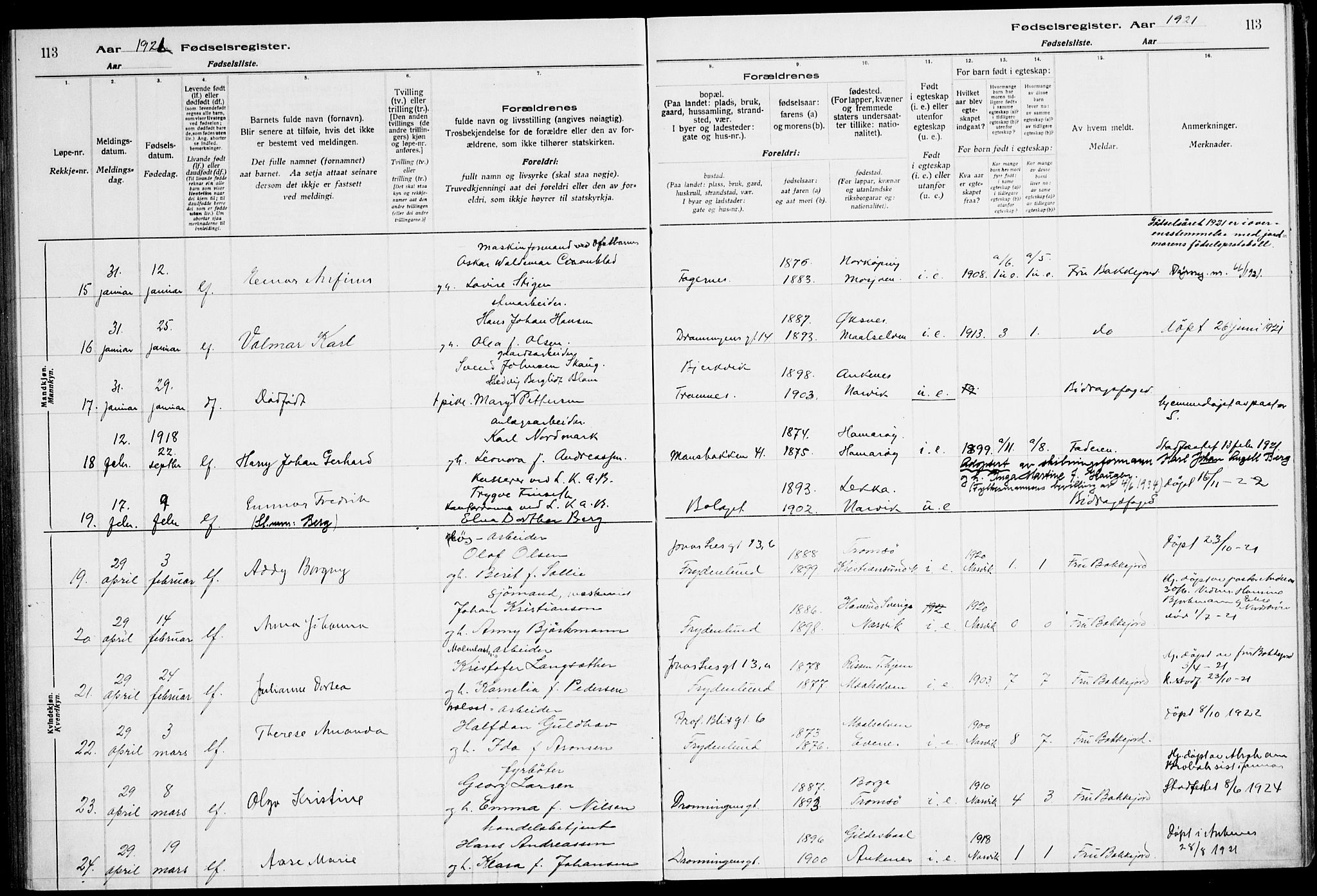 Ministerialprotokoller, klokkerbøker og fødselsregistre - Nordland, SAT/A-1459/871/L1013: Birth register no. 871.II.4.1, 1916-1924, p. 113