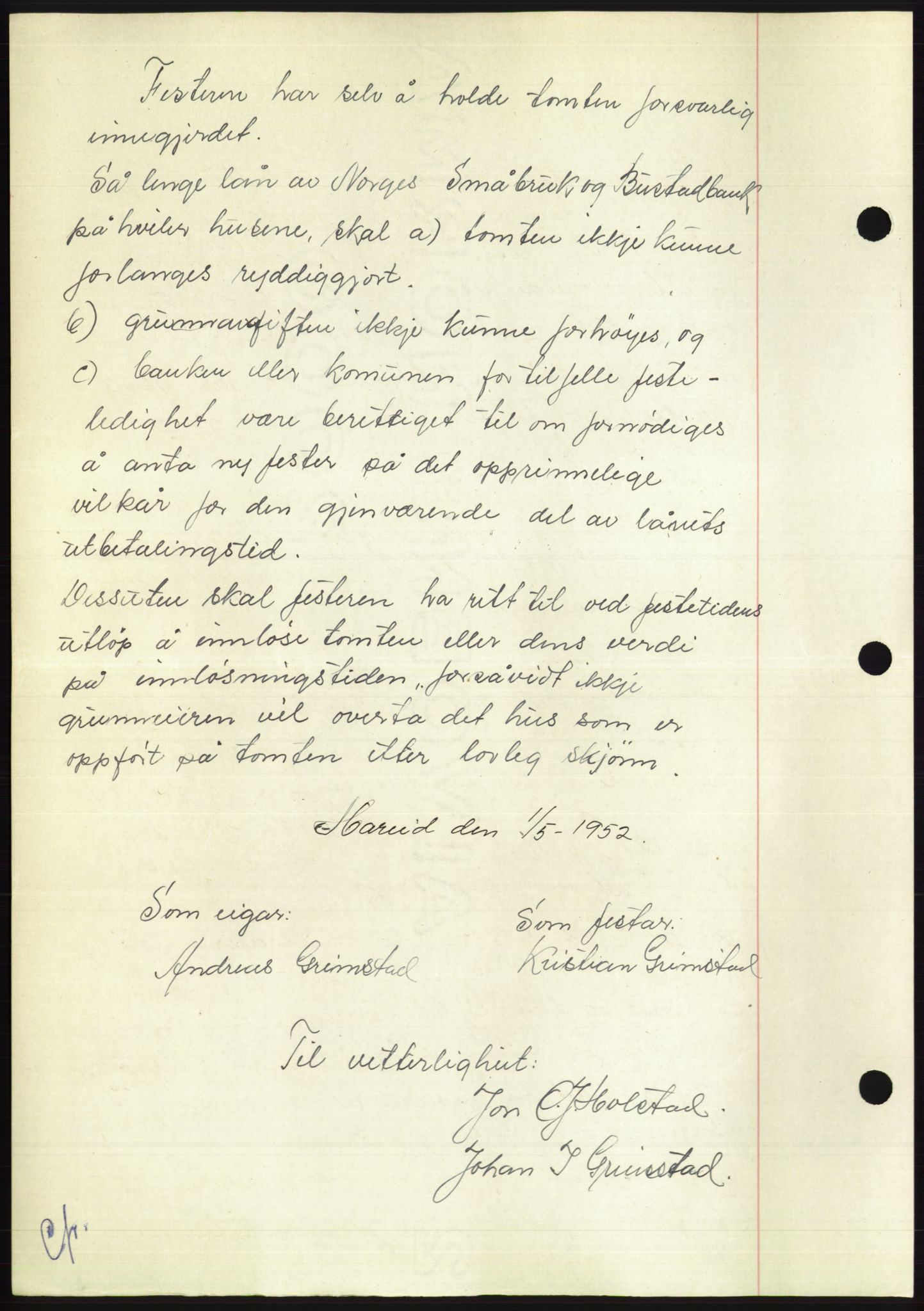 Søre Sunnmøre sorenskriveri, AV/SAT-A-4122/1/2/2C/L0121: Mortgage book no. 9B, 1951-1952, Diary no: : 1560/1952