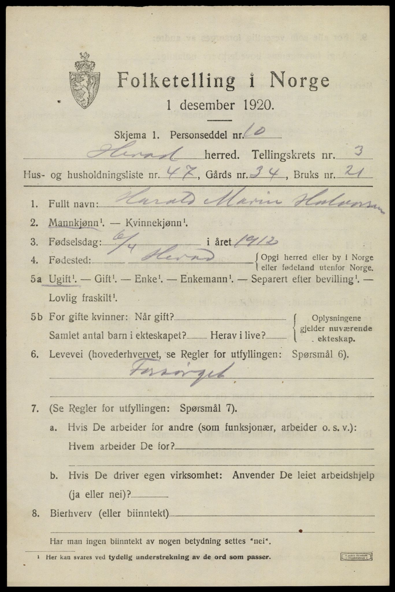 SAK, 1920 census for Herad, 1920, p. 1706