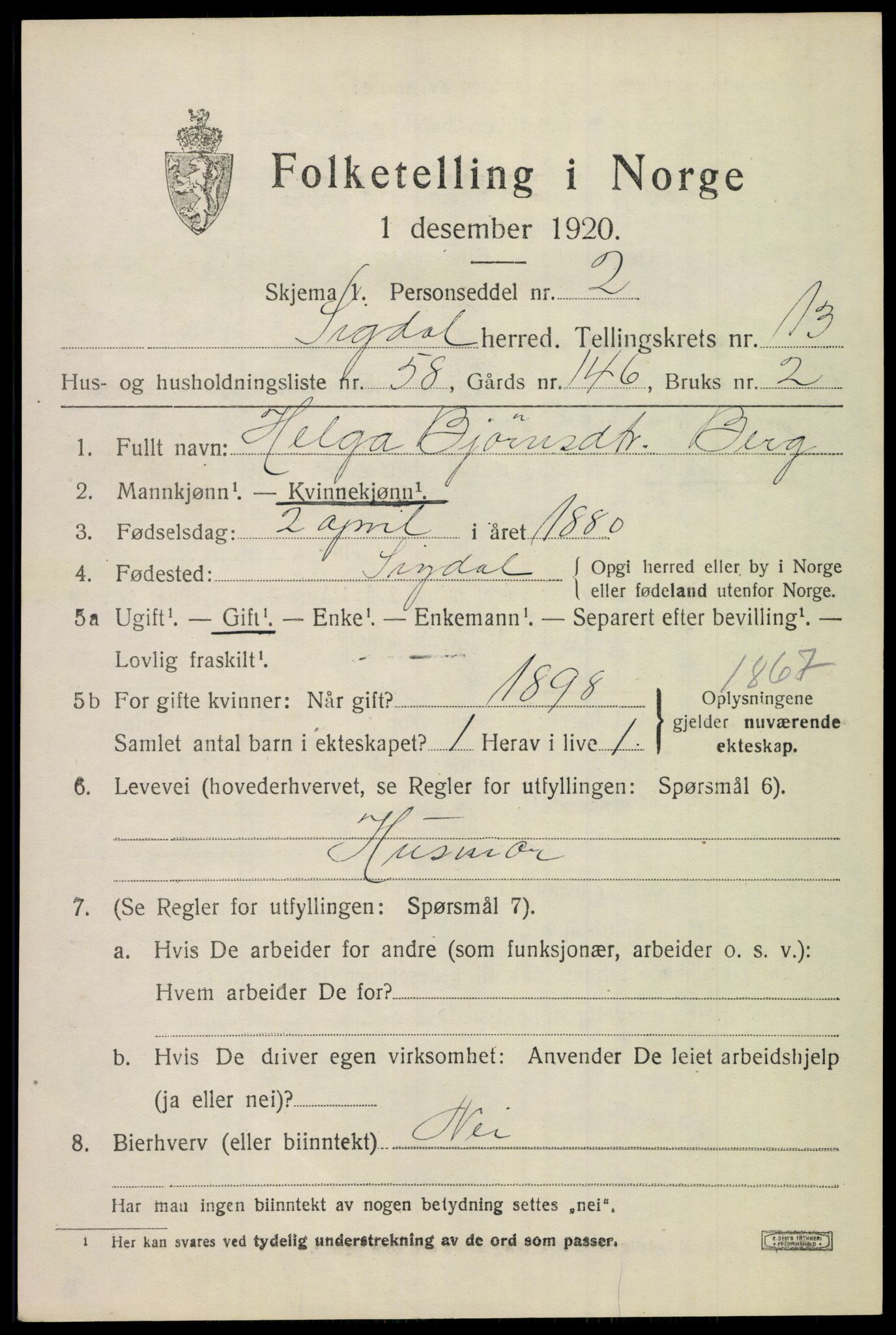 SAKO, 1920 census for Sigdal, 1920, p. 8642