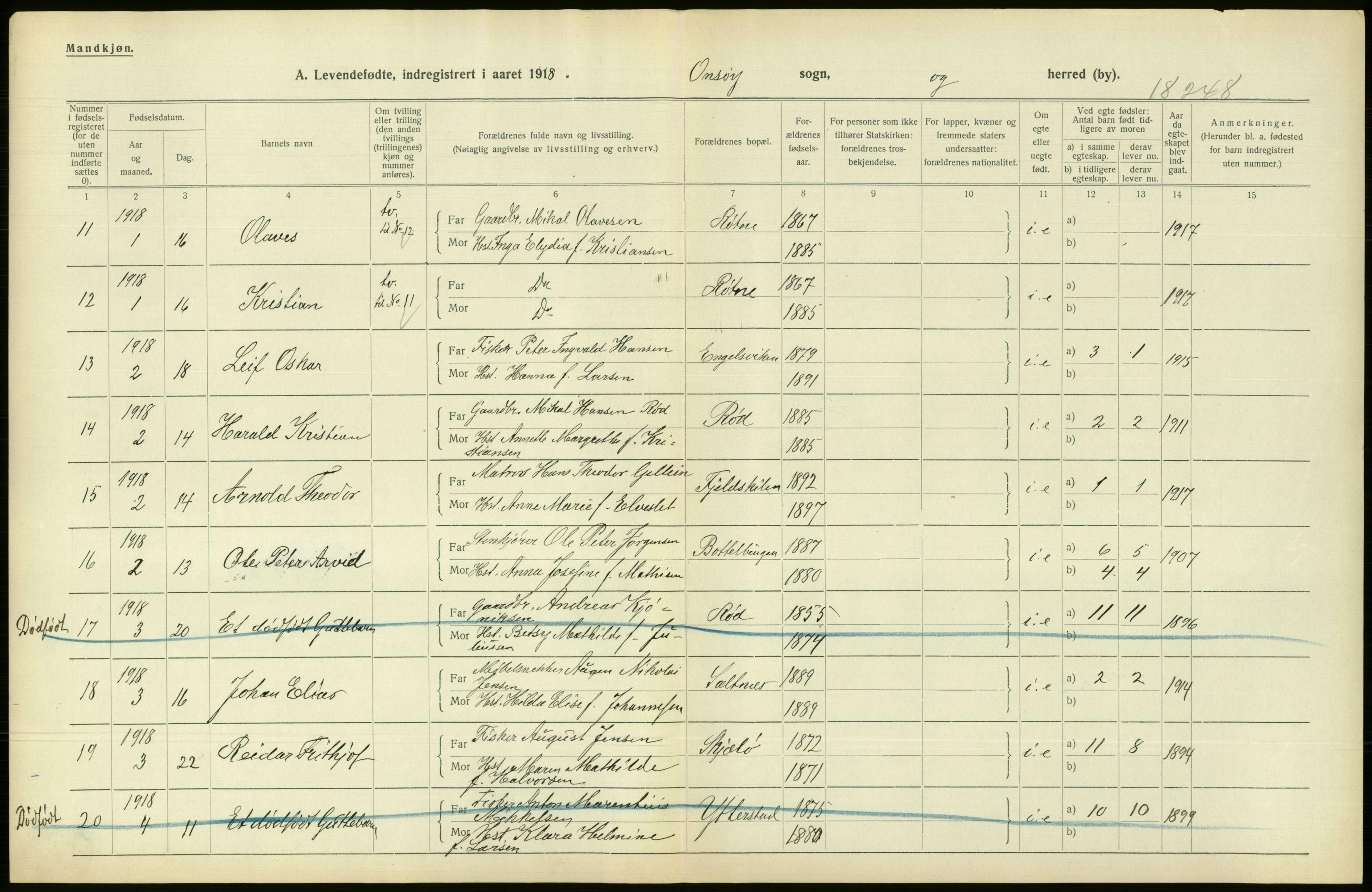 Statistisk sentralbyrå, Sosiodemografiske emner, Befolkning, RA/S-2228/D/Df/Dfb/Dfbh/L0001: Østfold fylke: Levendefødte menn og kvinner. Bygder., 1918, p. 180