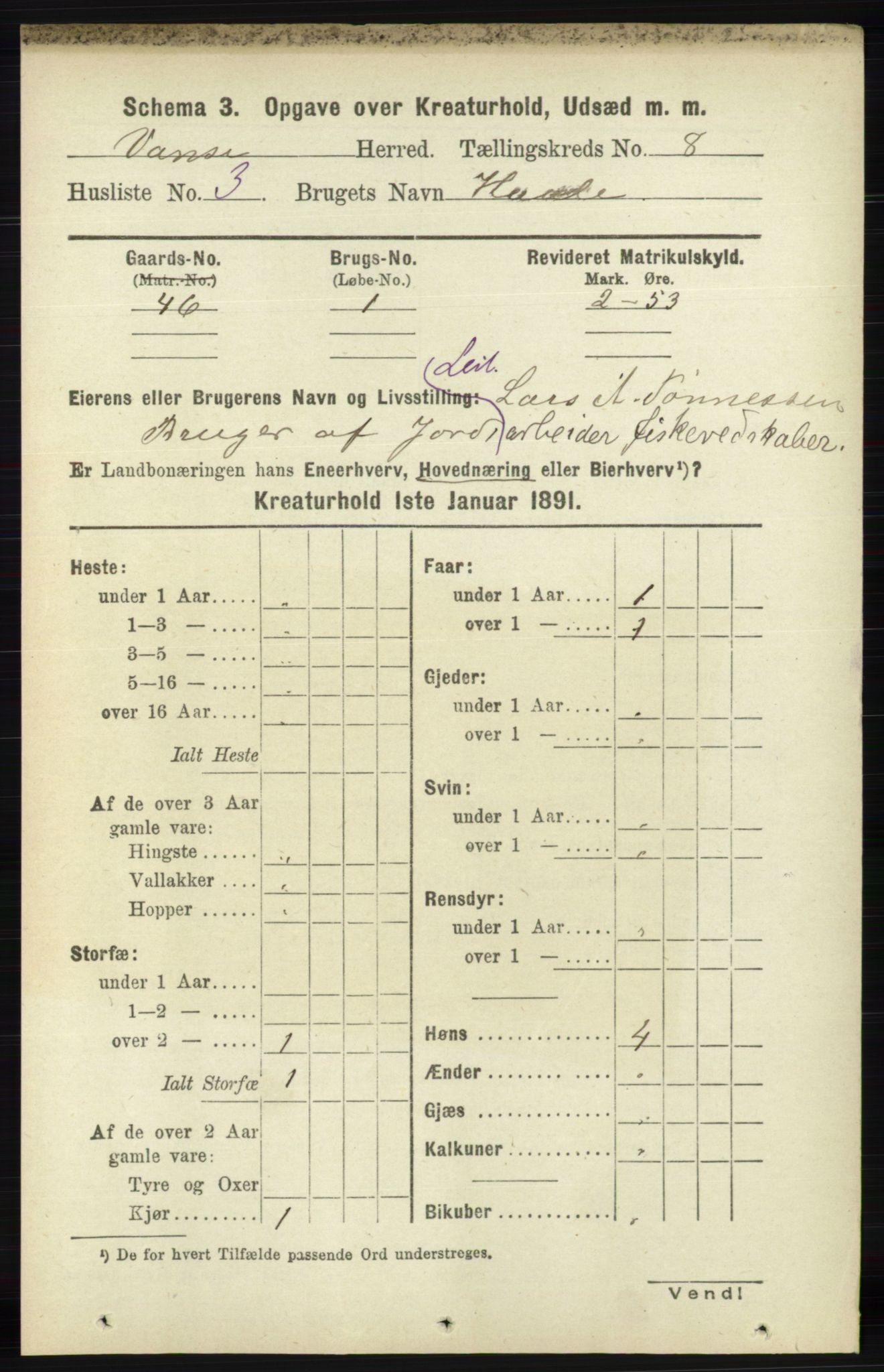 RA, 1891 census for 1041 Vanse, 1891, p. 9463