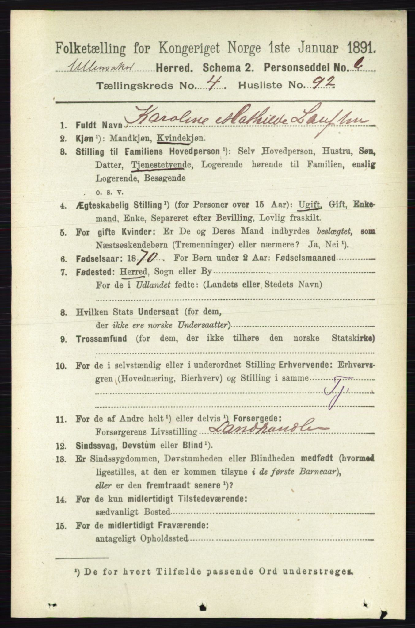 RA, 1891 census for 0235 Ullensaker, 1891, p. 2020